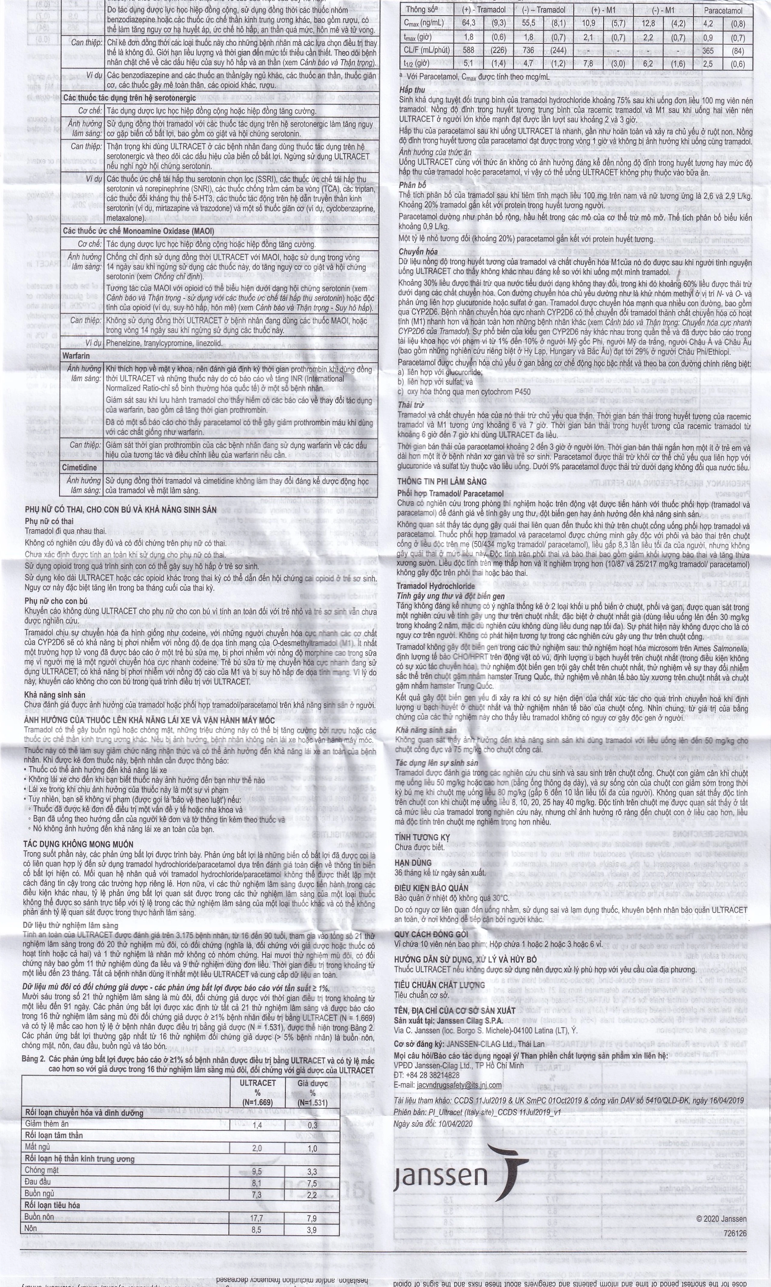 Thuốc Ultracet Janssen hỗ trợ điều trị cơn đau từ trung bình đến nặng (3 vỉ x 10 viên)