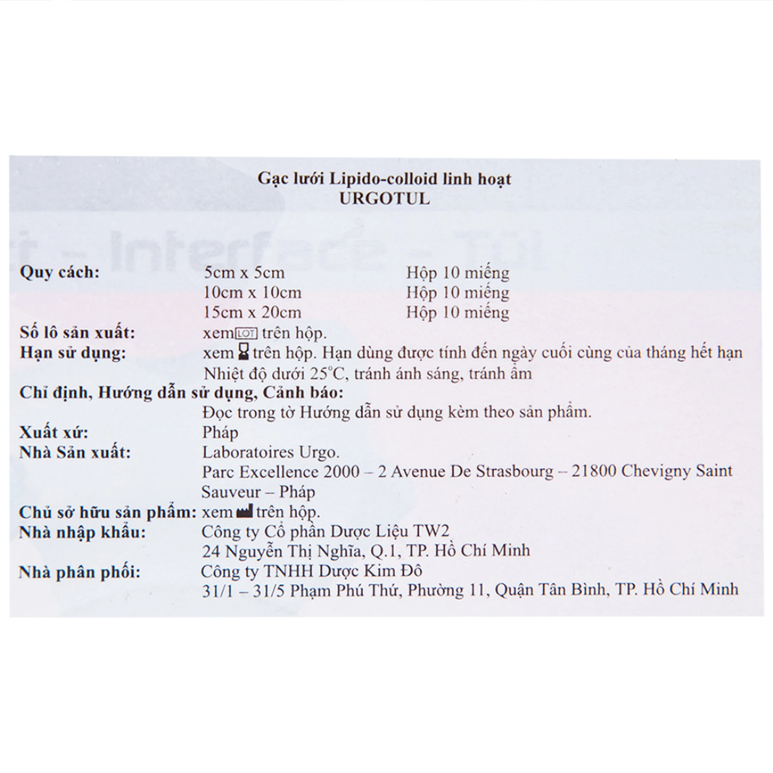 Gạc lưới vô trùng Urgotul 5x5cm (10 miếng) dùng băng các vết thương cấp và mãn tính