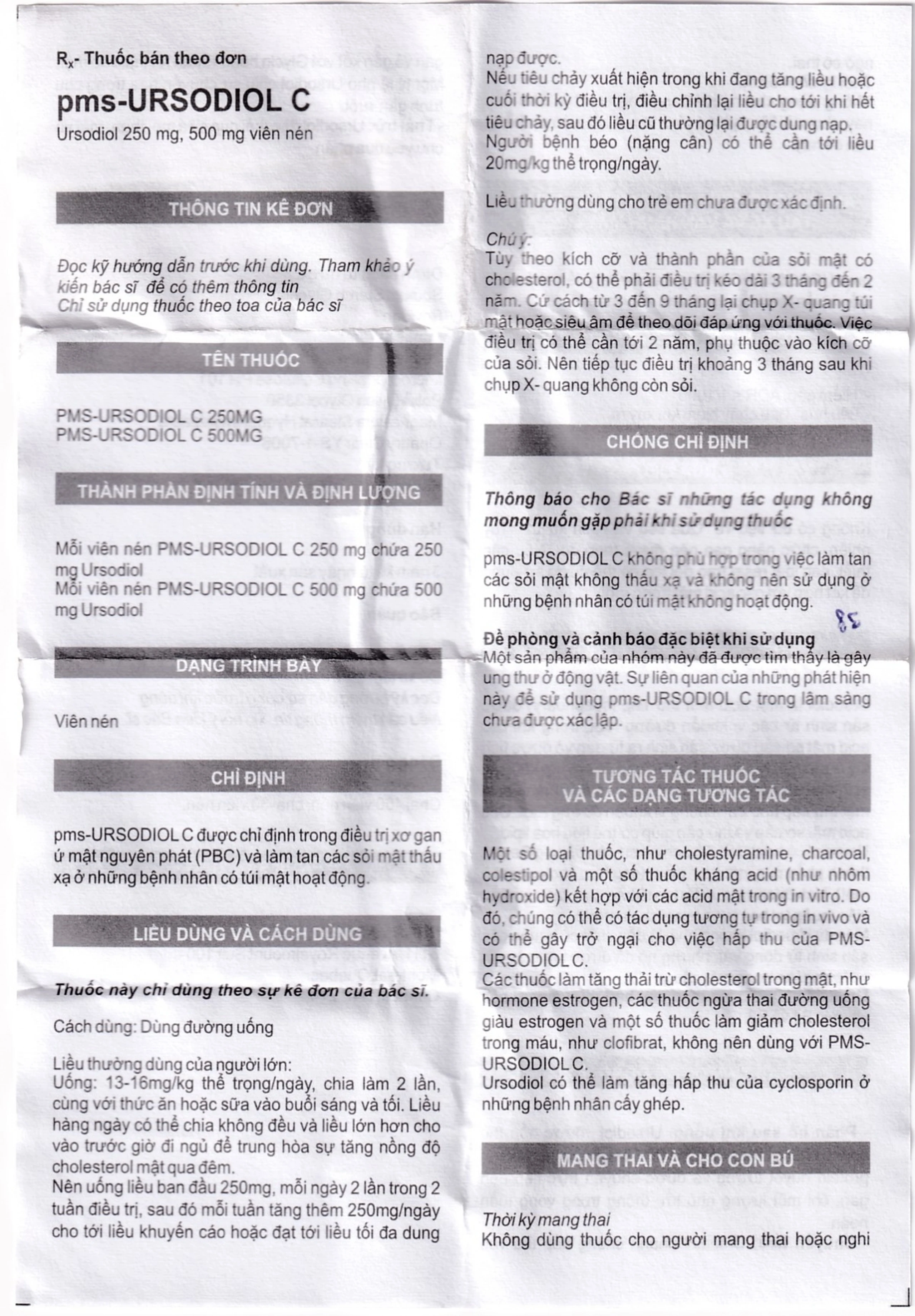 Thuốc Ursodiol C 500mg PharmaScience điều trị xơ gan ứ mật, làm tan sỏi mật (100 viên)