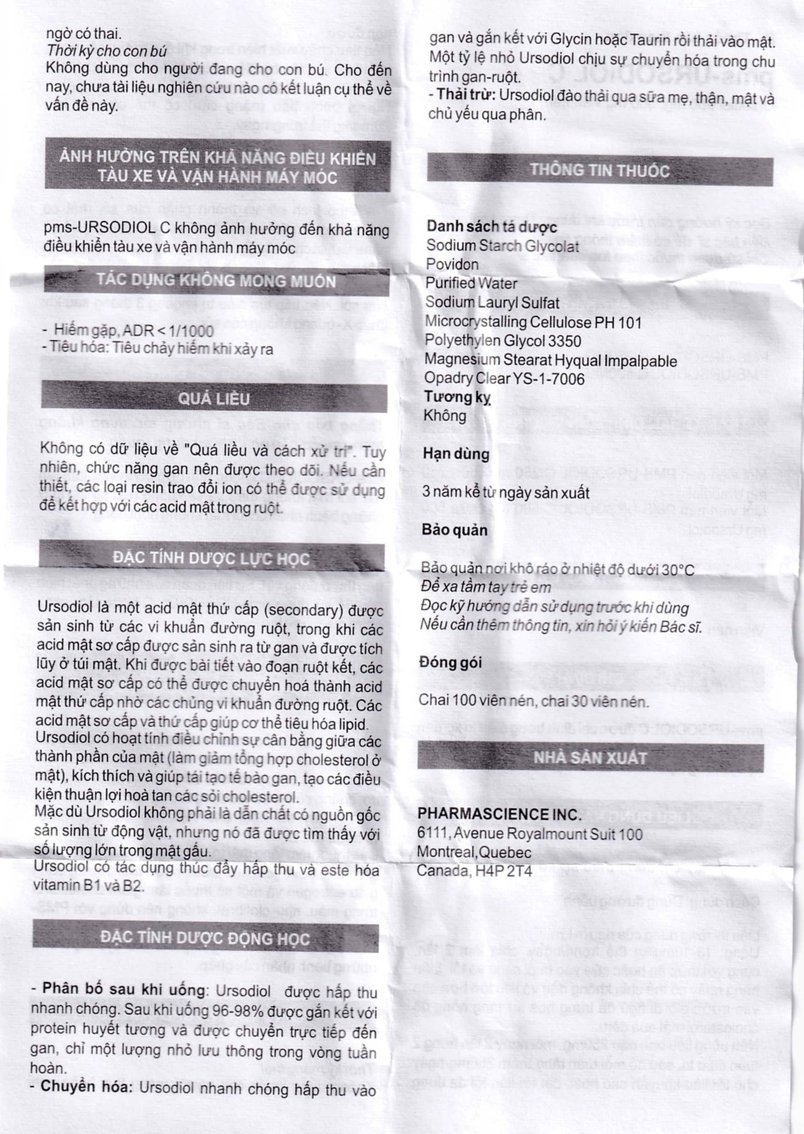 Thuốc Ursodiol C 500mg PharmaScience điều trị xơ gan ứ mật, làm tan sỏi mật (100 viên)