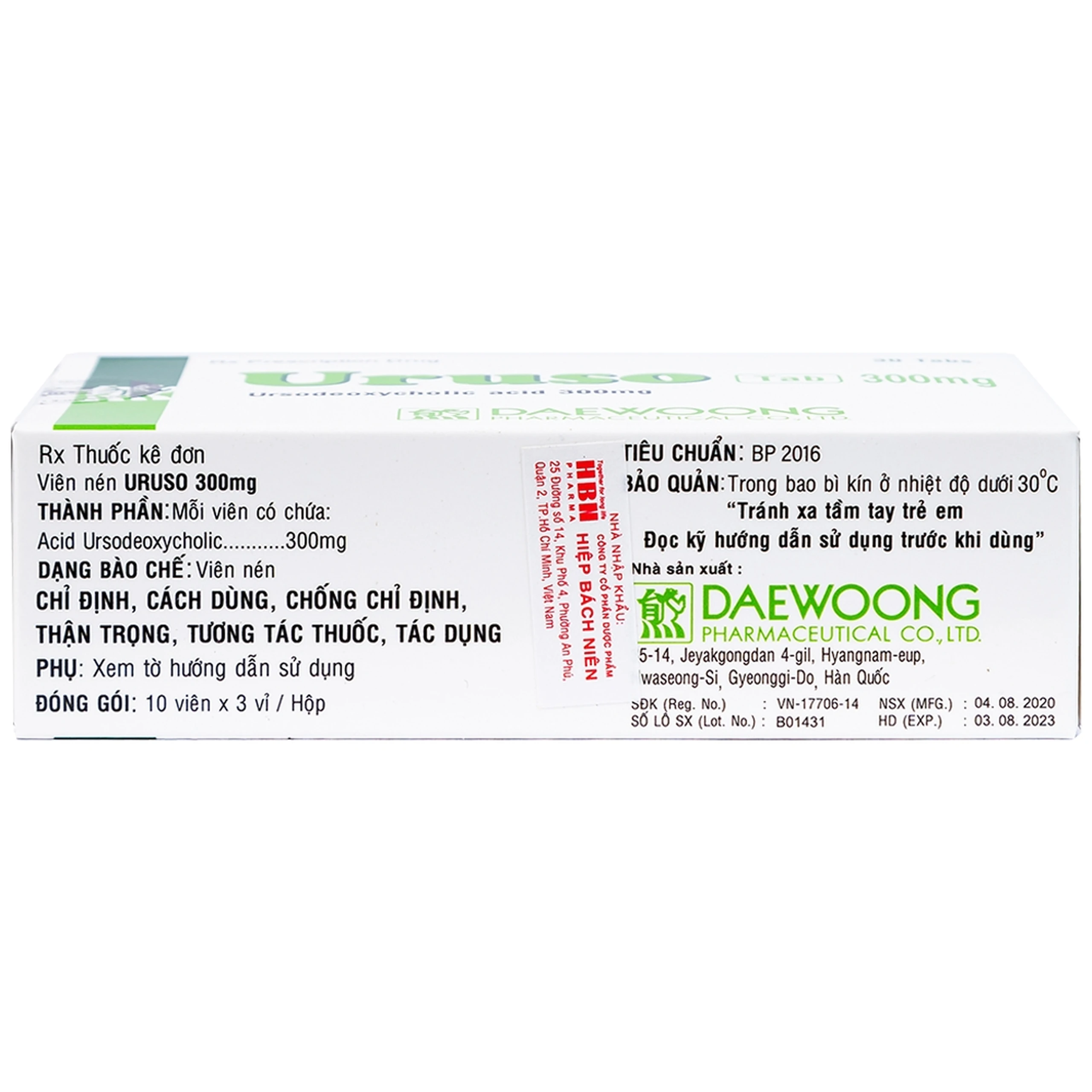 Thuốc Uruso Tab 300mg Daewoong điều trị sỏi mật (3 vỉ x 10 viên)