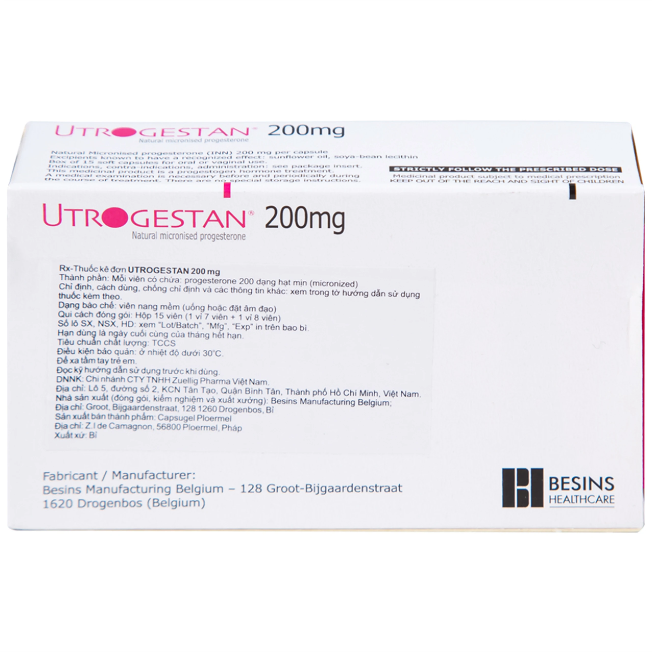 Thuốc Utrogestan 200mg Besins bổ sung nội tiết tố trong bệnh lý sản phụ khoa (15 viên)