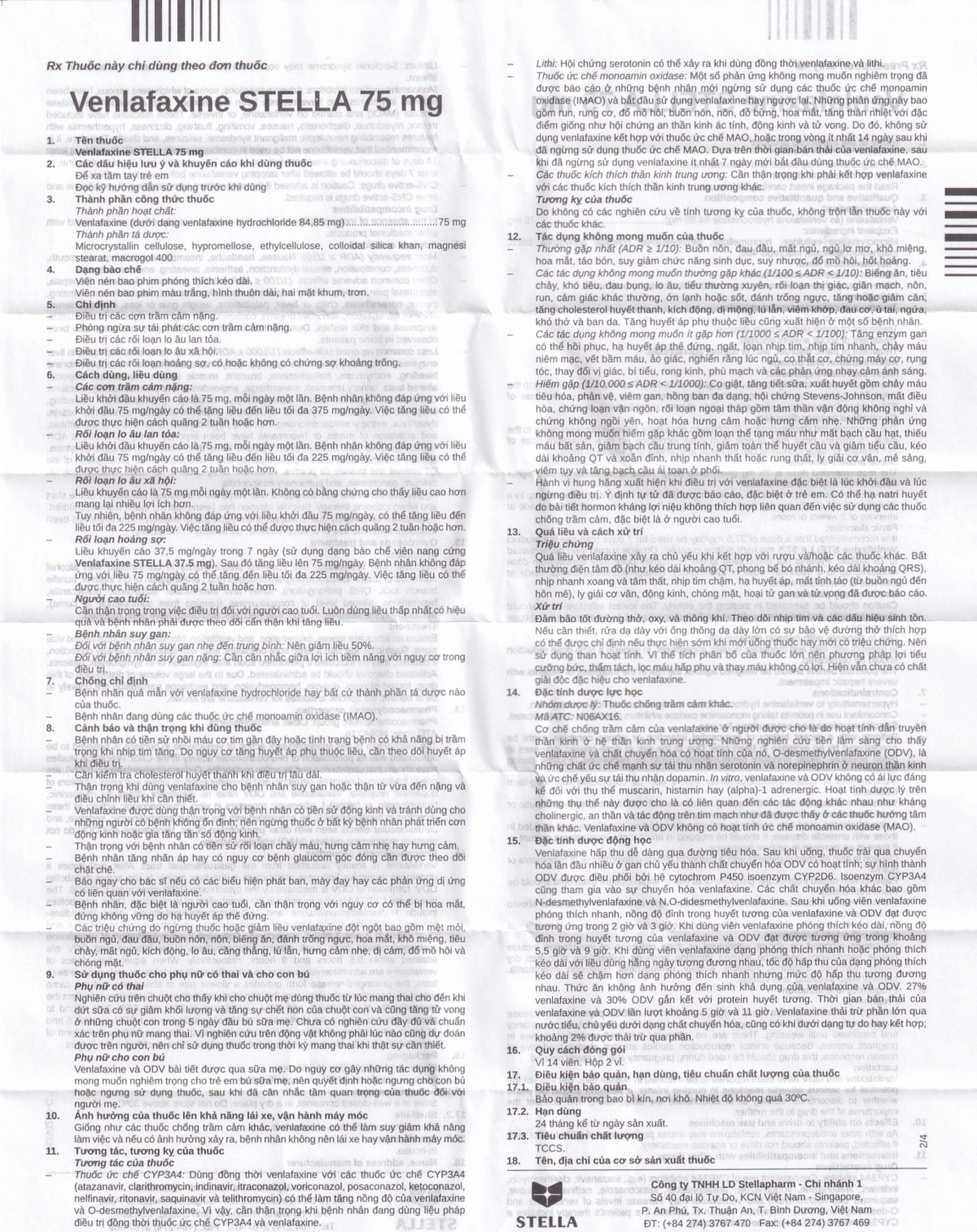 Thuốc Venlafaxine Stella 75mg điều trị các cơn trầm cảm nặng (2 vỉ x 14 viên)