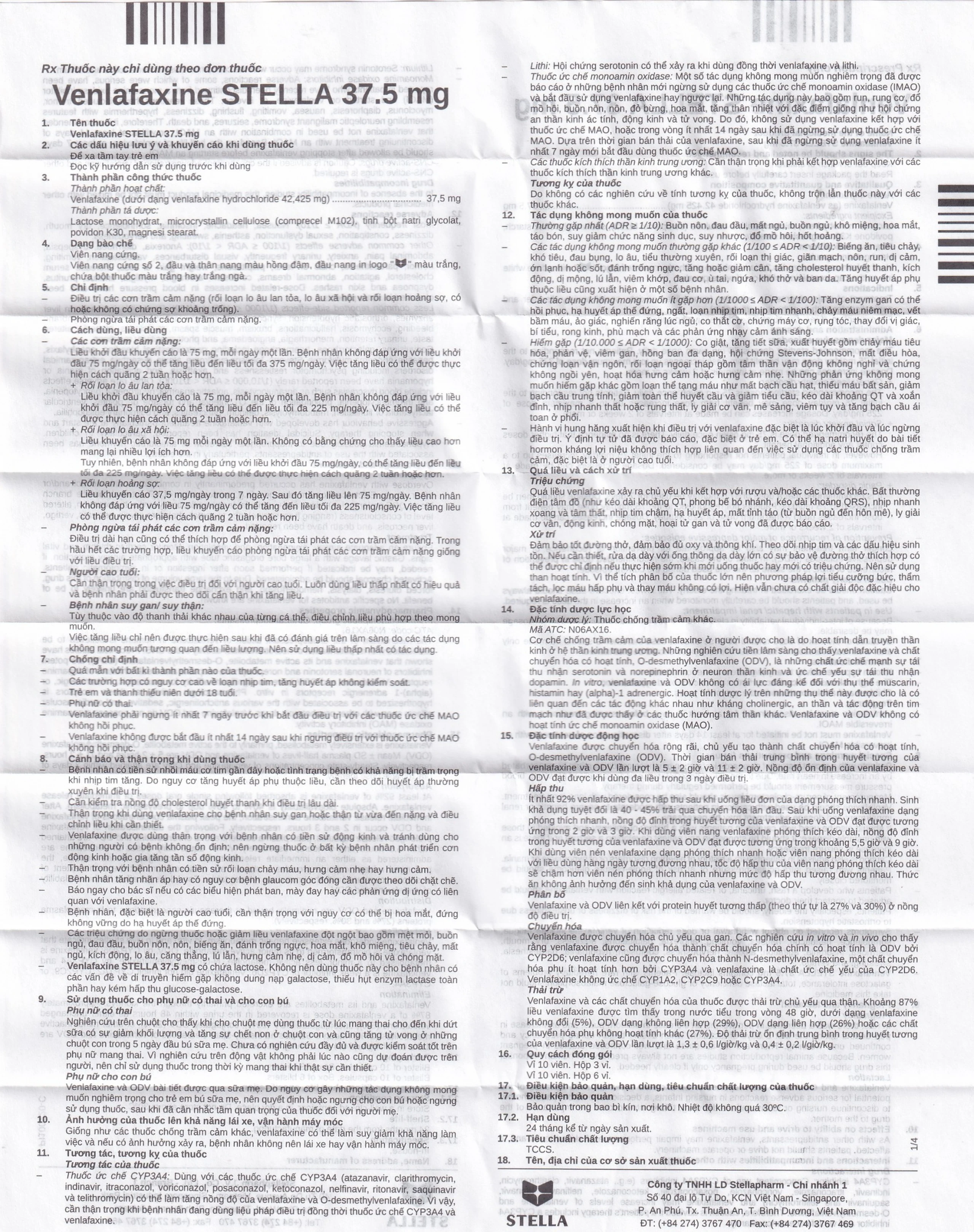 Thuốc Venlafaxine Stella 37.5mg điều trị các cơn trầm cảm nặng (6 vỉ x 10 viên)
