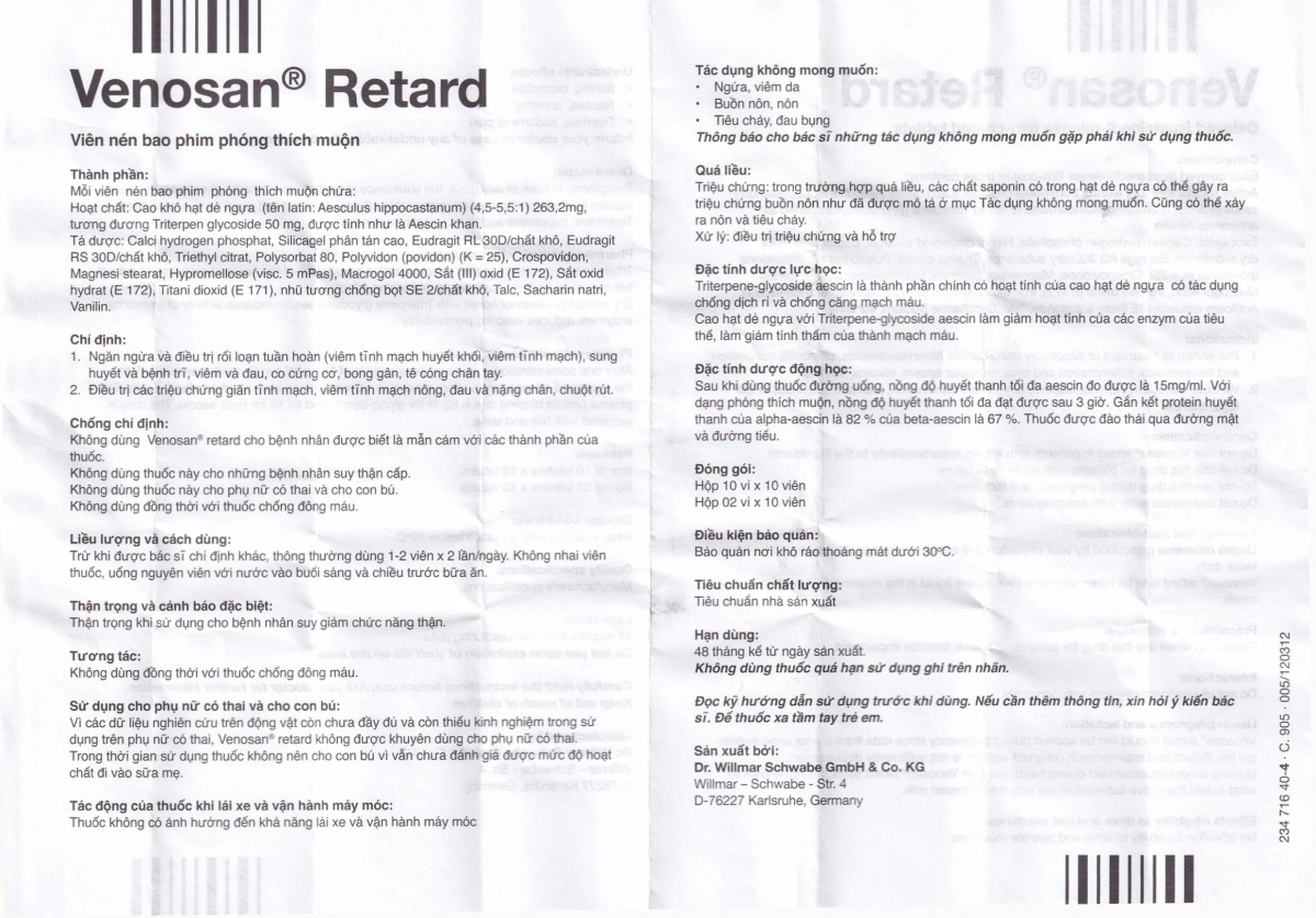 Thuốc Venosan Retard 263.2mg Dr. Willmar Schwabe điều trị viêm tĩnh mạch huyết khối (10 vỉ x 10 viên)