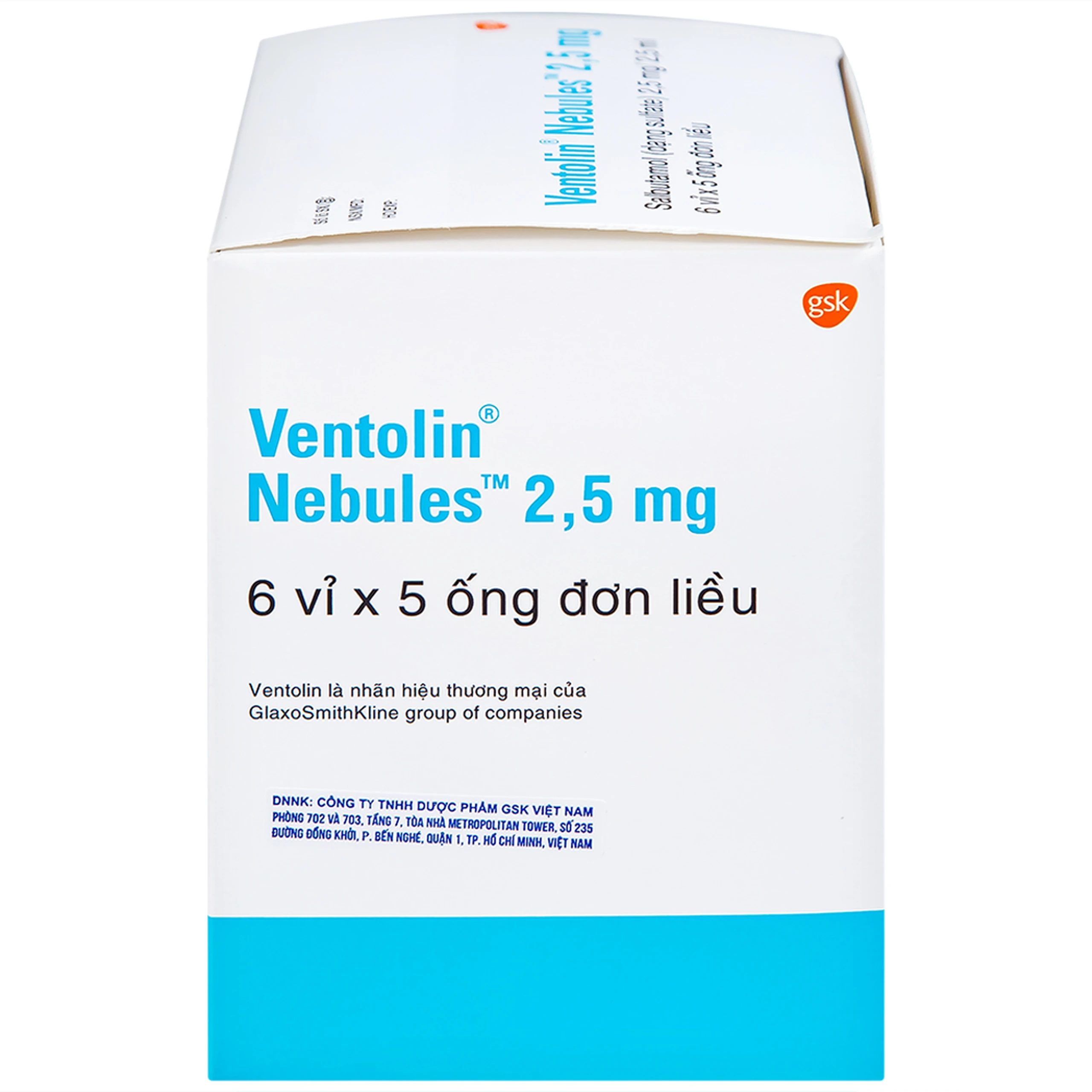 Dung dịch khí dung Ventolin Nebules 2.5mg GSK điều trị, ngăn ngừa co thắt phế quản (6 vỉ x 5 ống)