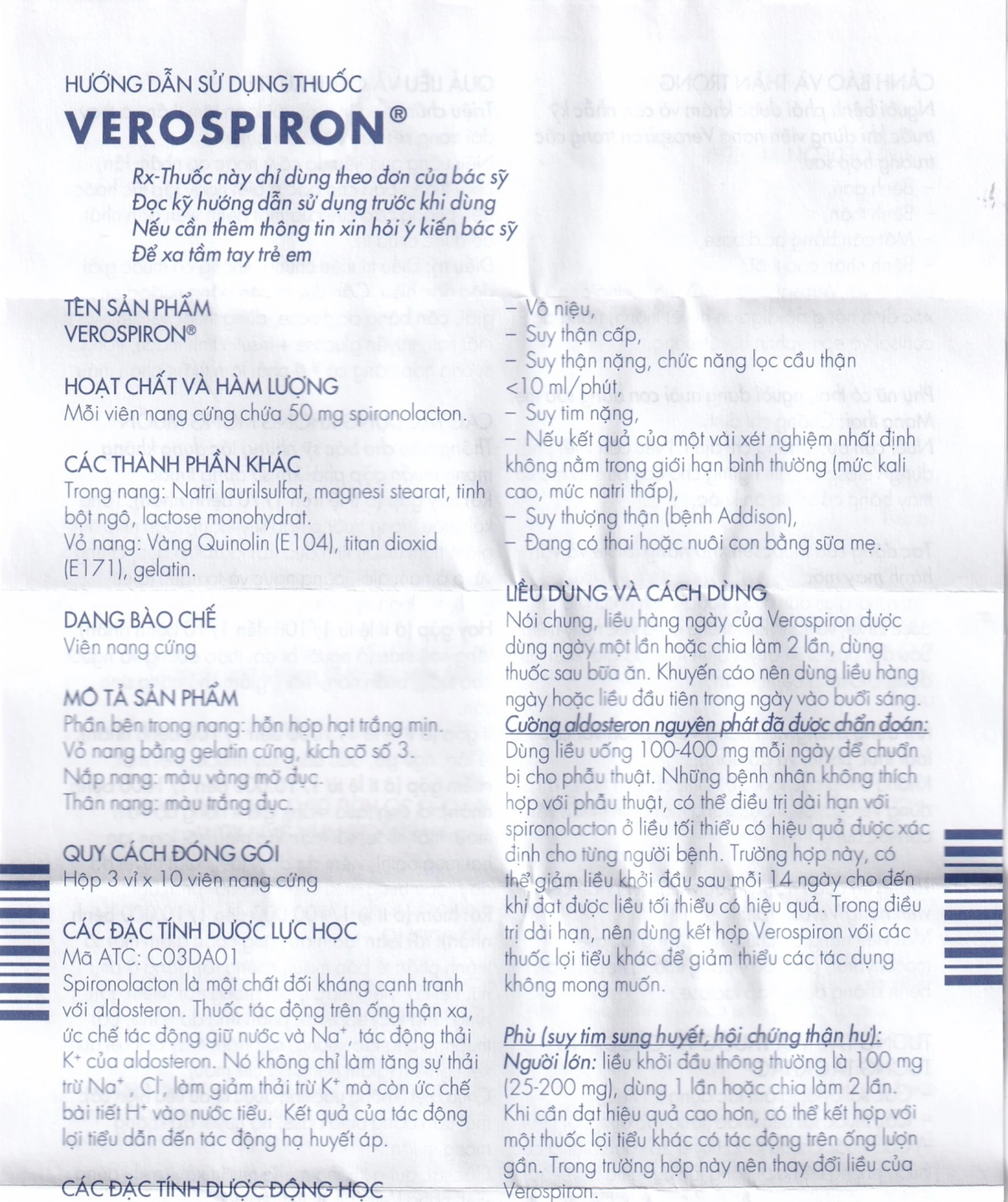 Thuốc Verospiron 50mg Gedeon điều trị tăng huyết áp, phù do tim gan thận, cường aldosterone và hạ kali (3 vỉ x 10 viên)