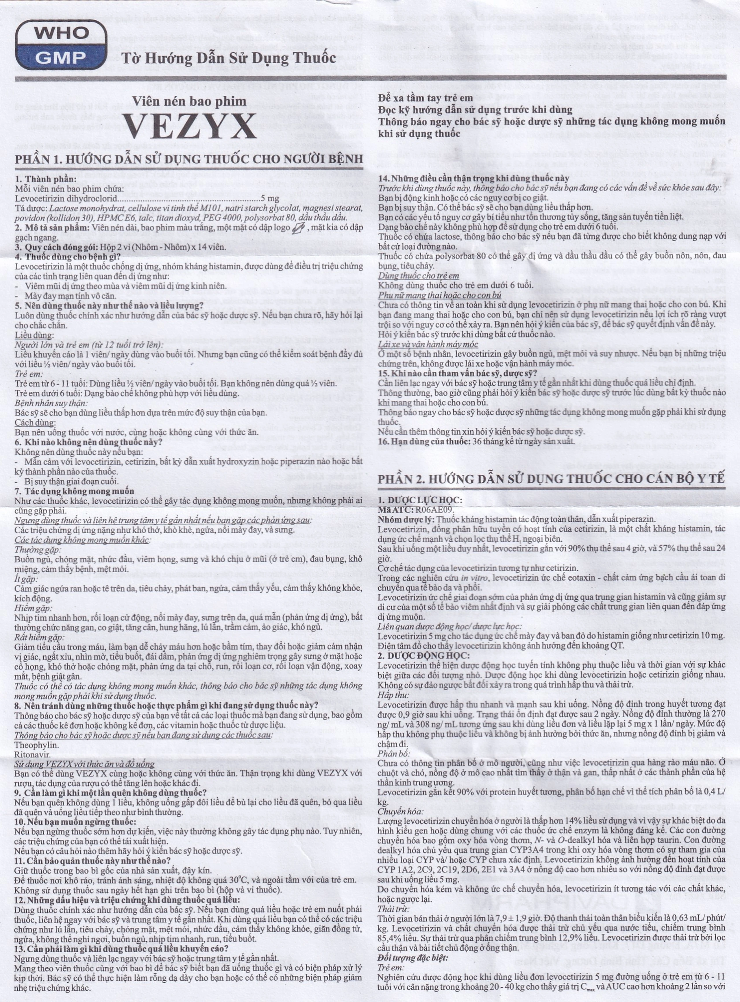 Thuốc Vezyx 5mg Davipharm điều trị viêm mũi dị ứng, mày đay (2 vỉ x 14 viên)