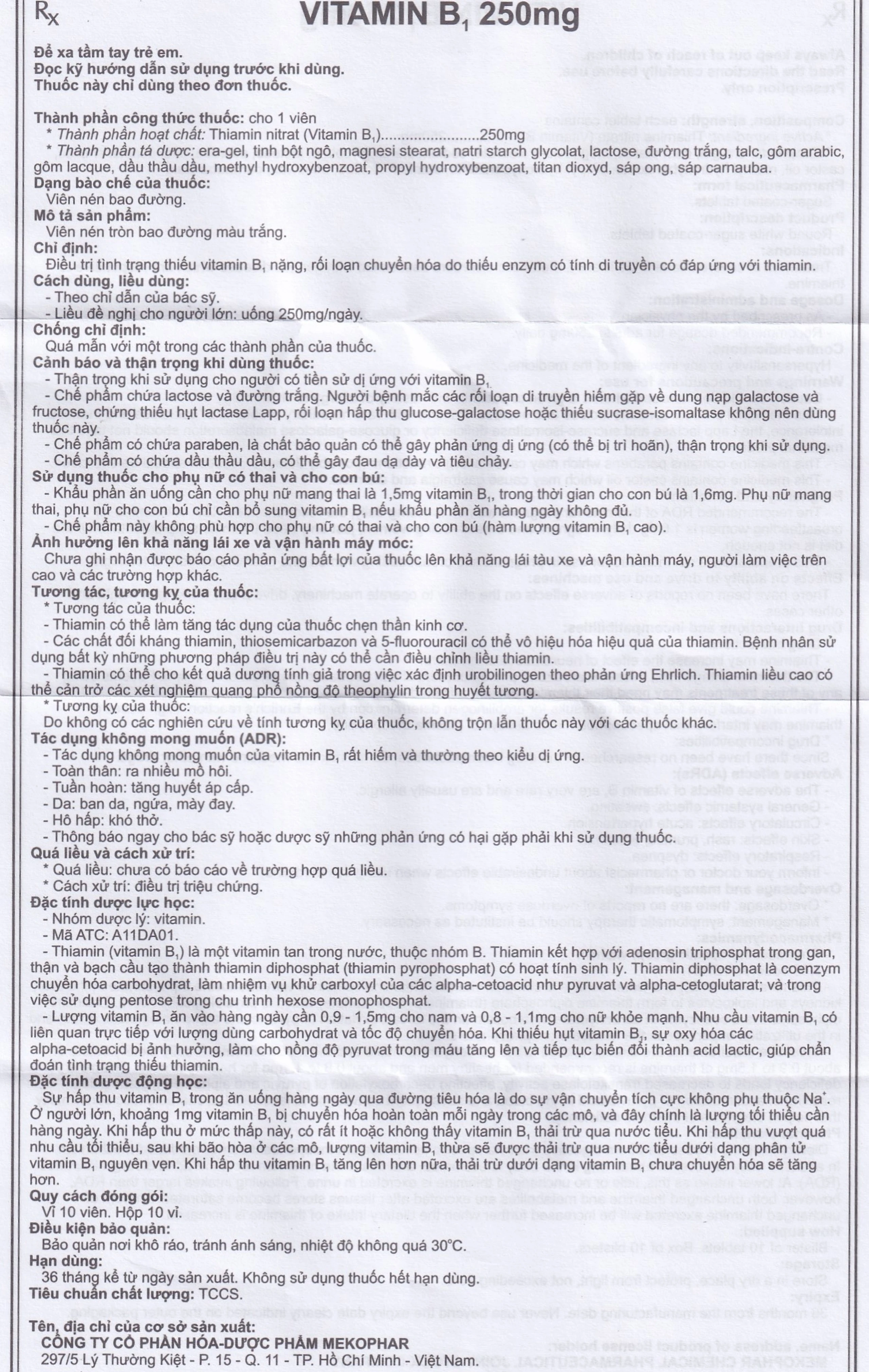 Thuốc Vitamin B1 250mg Vidipha điều trị tình trạng thiếu Vitamin B (10 vỉ x 10 viên)