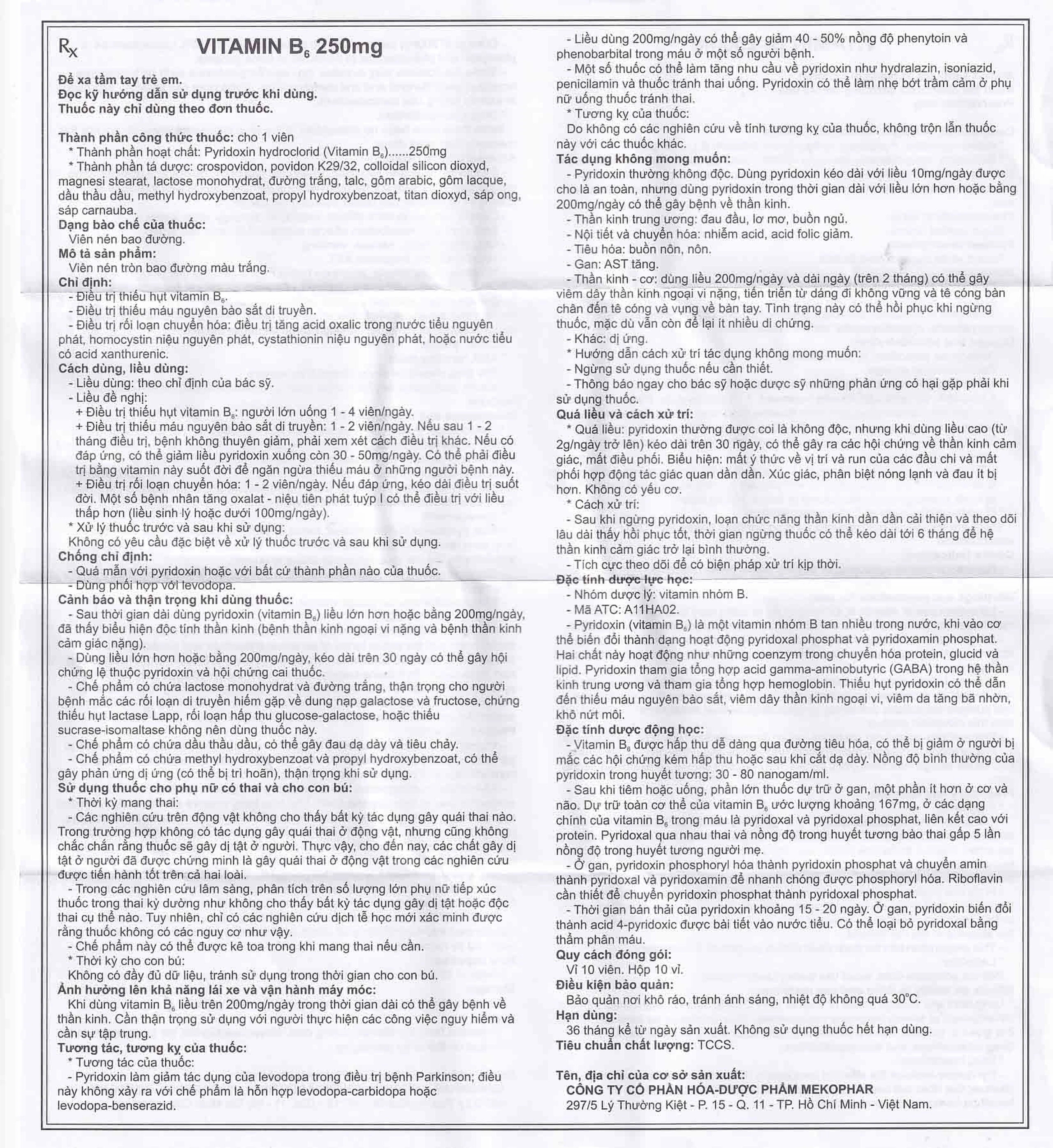 Thuốc Vitamin B6 250mg Mekophar điều trị thiếu hụt Vitamin B6 (10 vỉ x 10 viên)