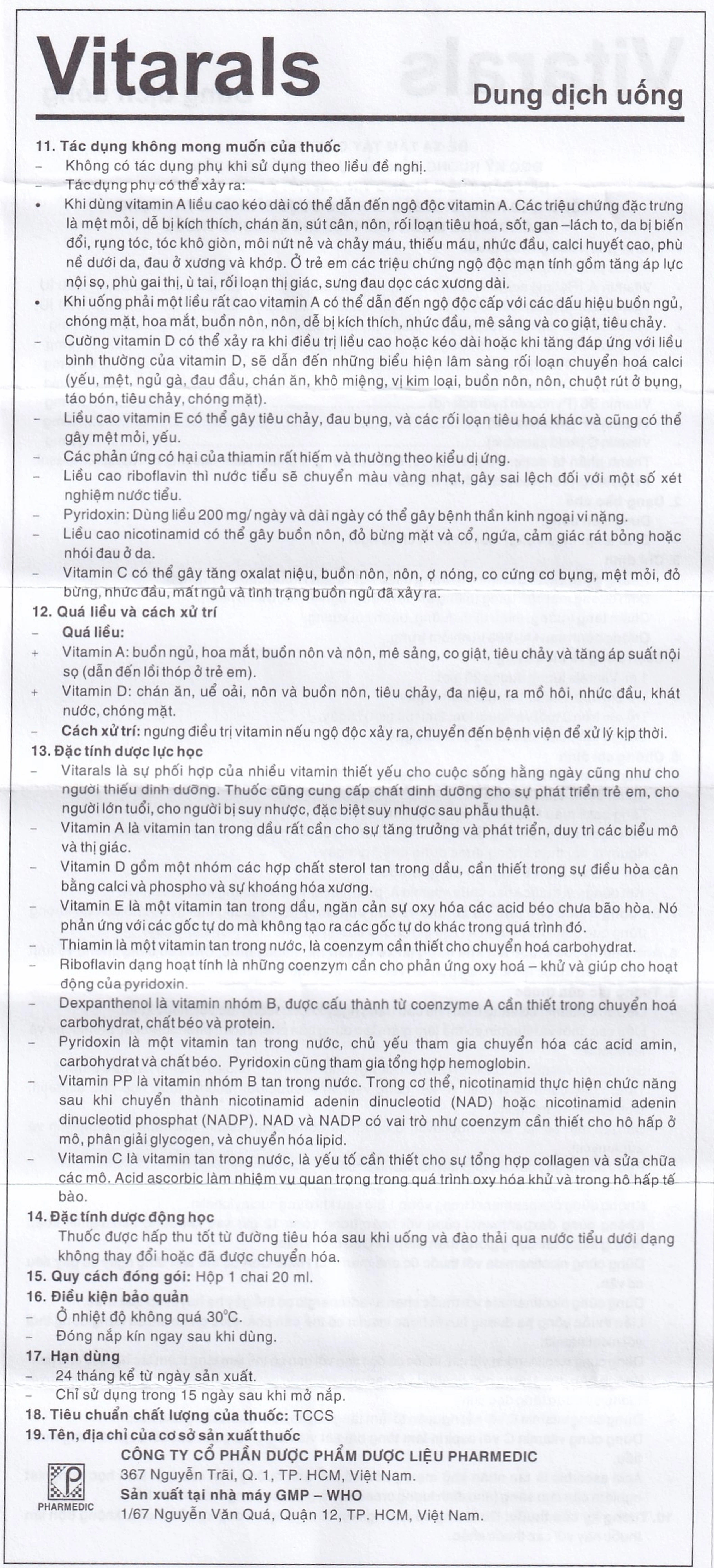 Dung dịch uống Vitarals Pharmedic phòng ngừa và điều chỉnh tình trạng thiếu hụt Vitamin (20ml)