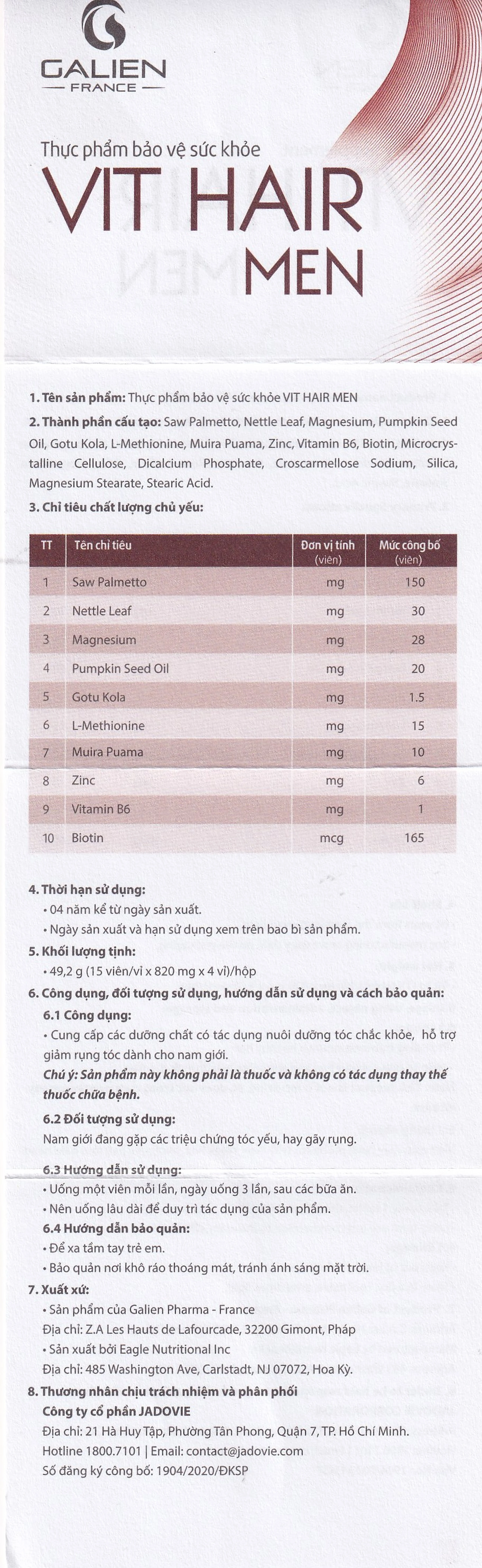 Viên uống hỗ trợ ngăn rụng tóc dành cho nam giới Vit Hair Men Galien (4 vỉ x 15 viên)