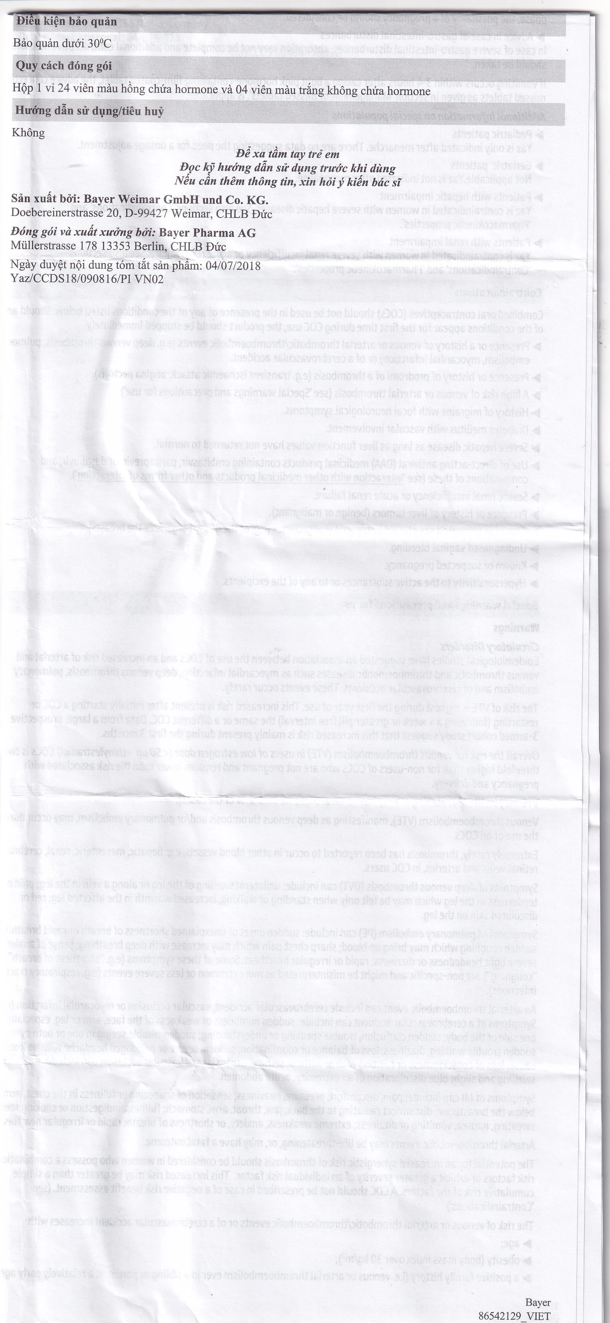 Thuốc Yaz Bayer dùng tránh thai, điều trị mụn trứng cá (1 vỉ x 28 viên)