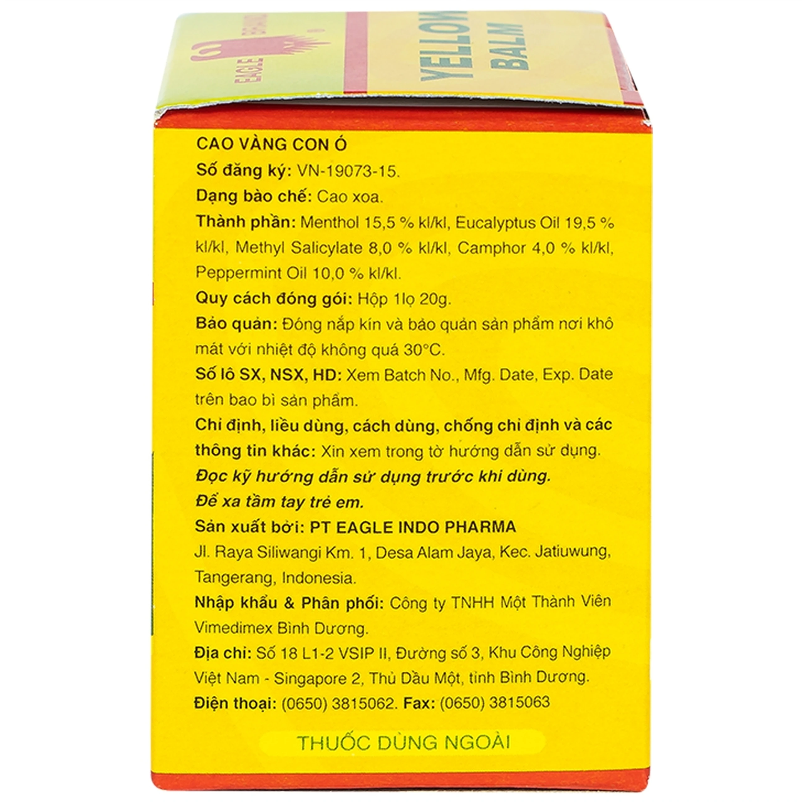 Cao vàng Con Ó Eagle Brand Yellow Balm Borden giảm đau đầu, choáng váng, chóng mặt, đau lưng (12 hộp x 20g)