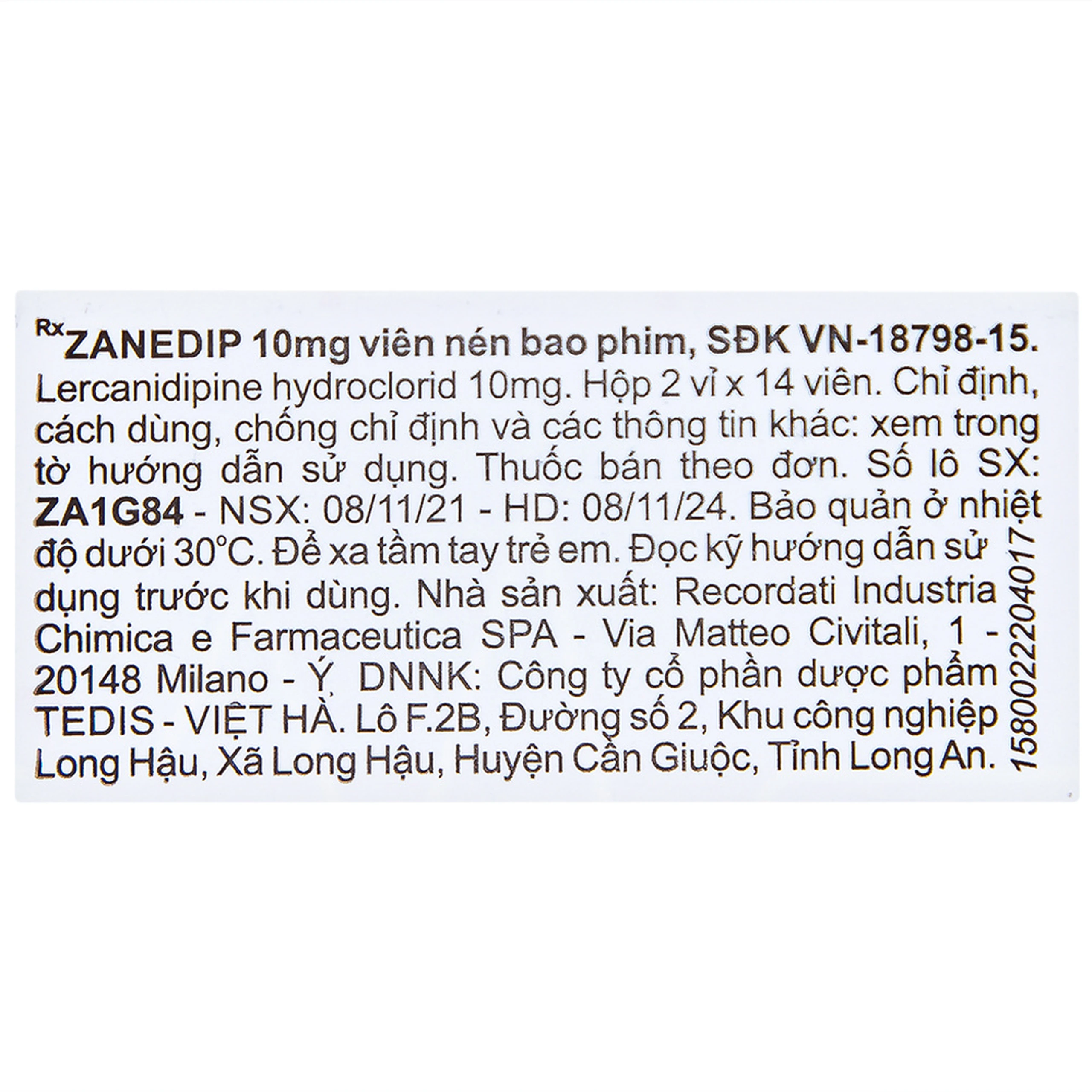 Thuốc Zanedip 10mg Recordati điều trị tăng huyết áp vô căn (2 vỉ x 14 viên)