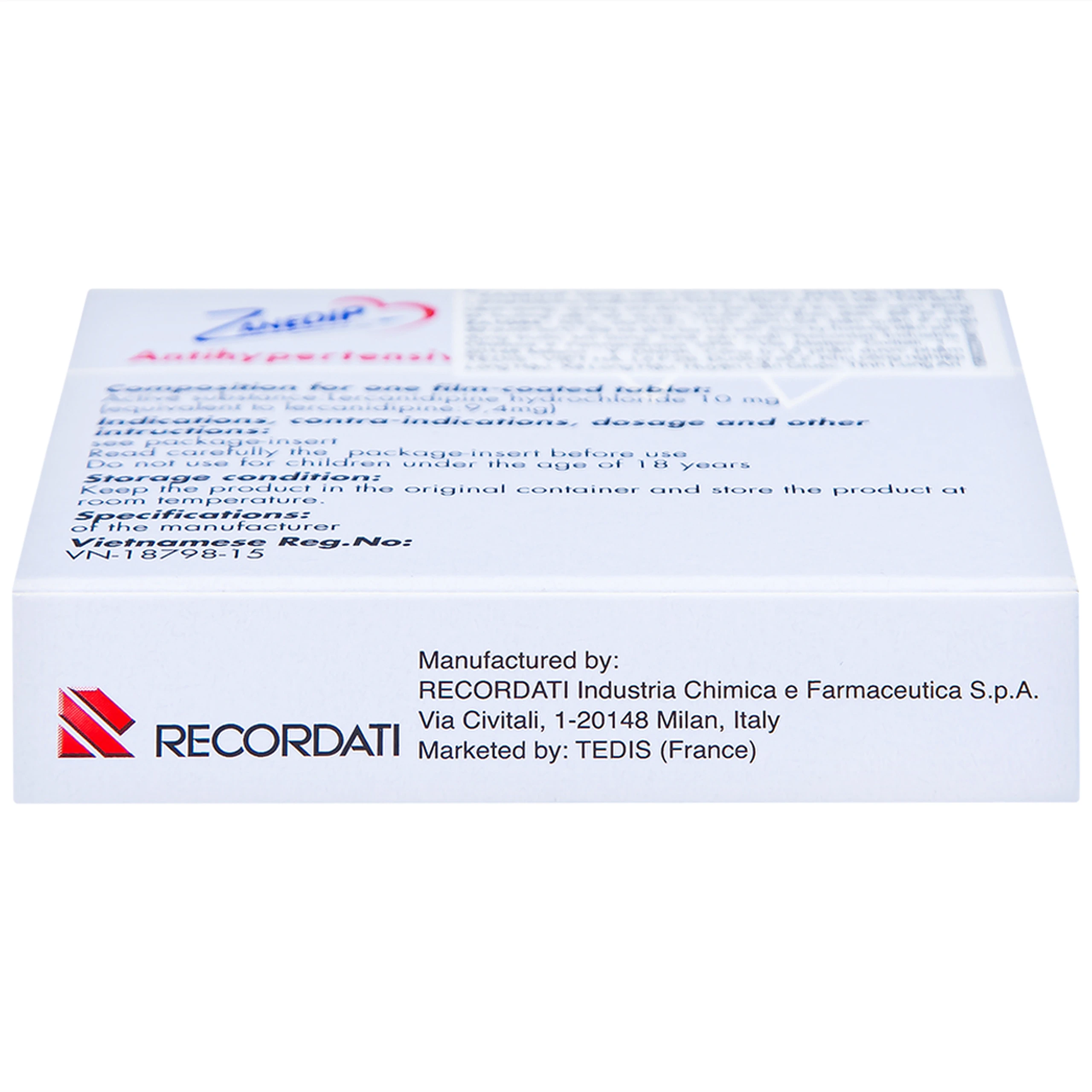 Thuốc Zanedip 10mg Recordati điều trị tăng huyết áp vô căn (2 vỉ x 14 viên)