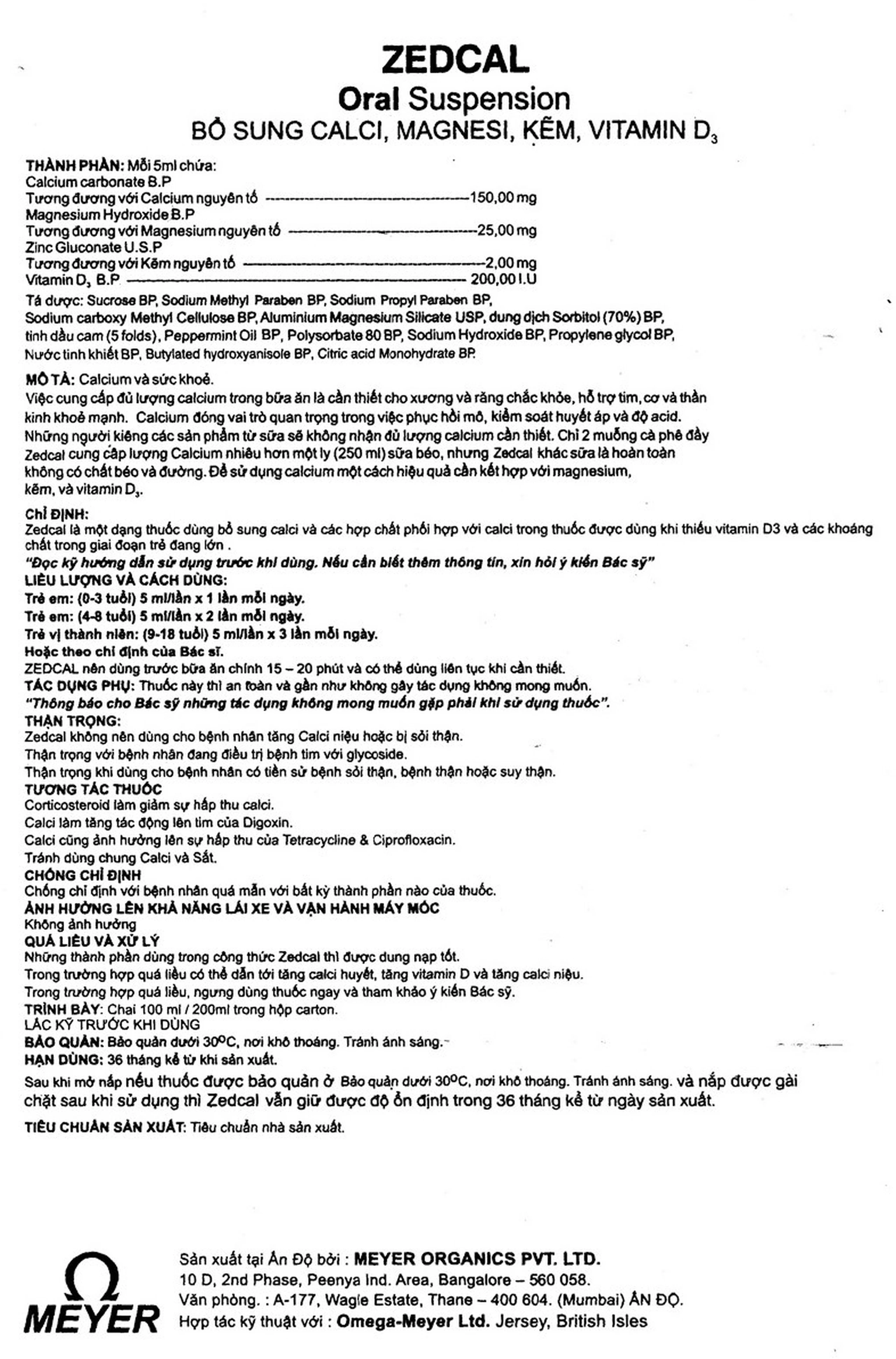 Siro Zedcal Meyer bổ sung Canxi và thiếu hụt Vitamin D3 (200ml)