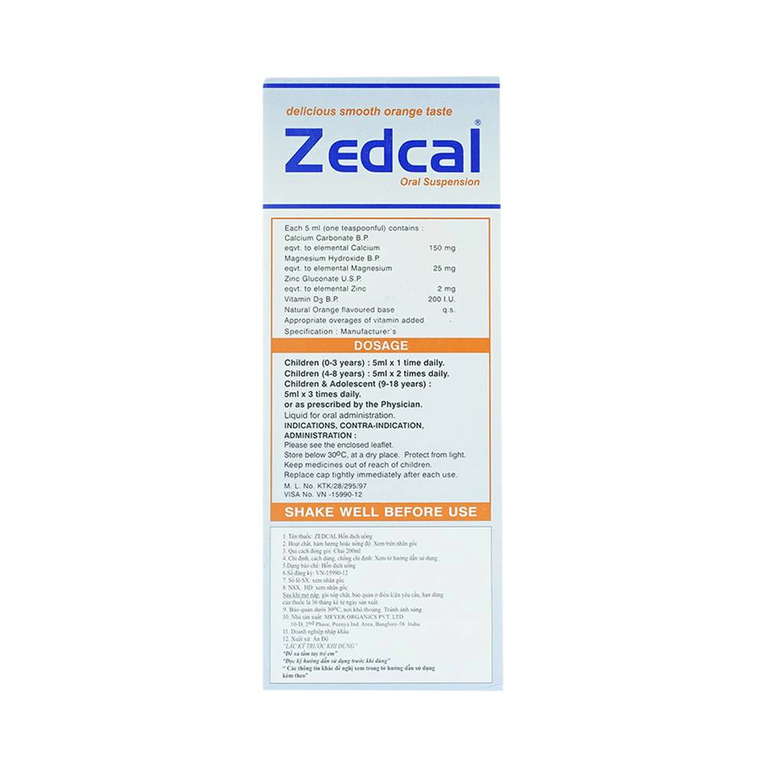 Siro Zedcal Meyer bổ sung Canxi và thiếu hụt Vitamin D3 (200ml)