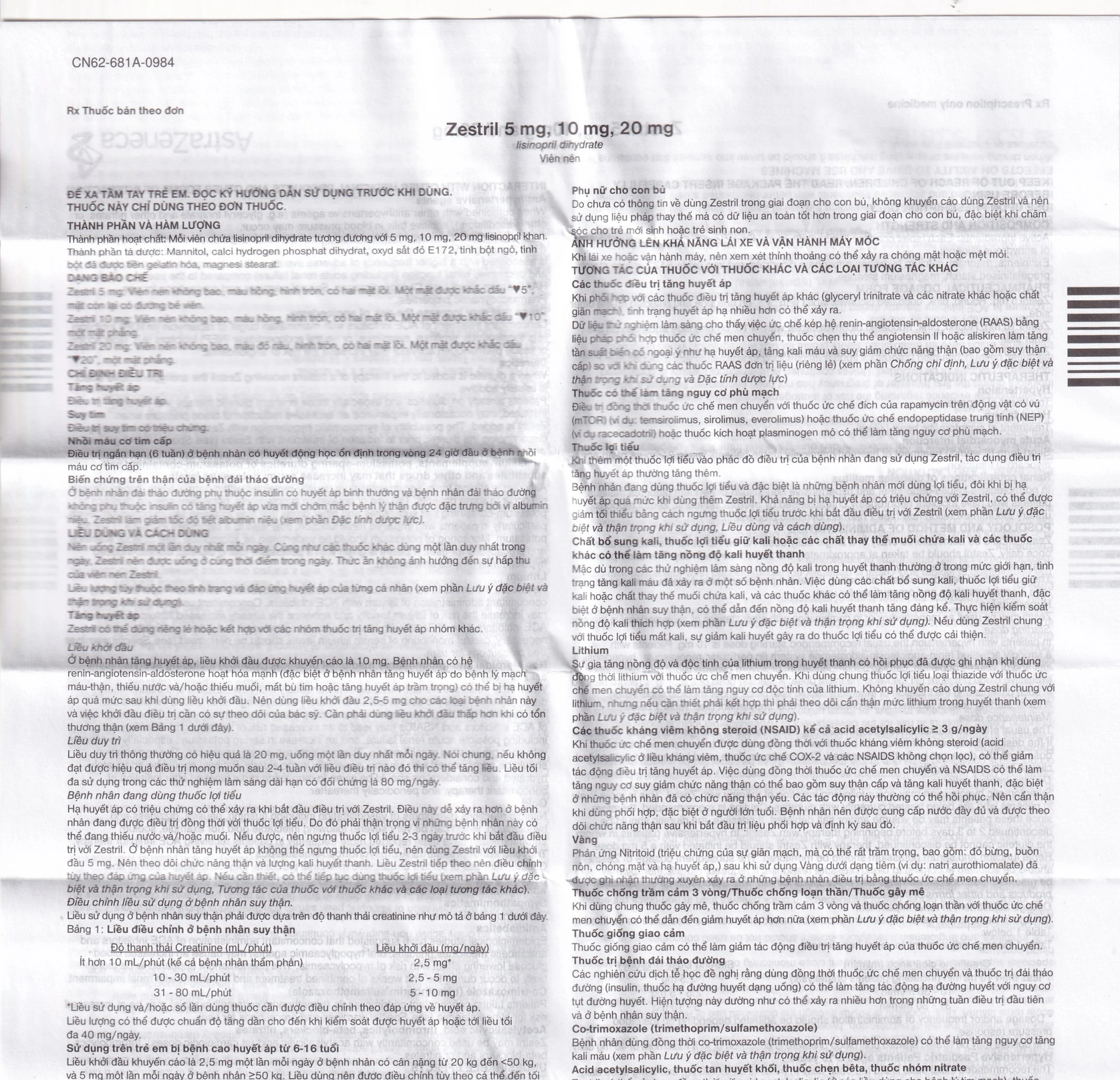 Thuốc Zestril 10mg AstraZeneca điều trị tăng huyết áp, suy tim (2 vỉ x 14 viên)