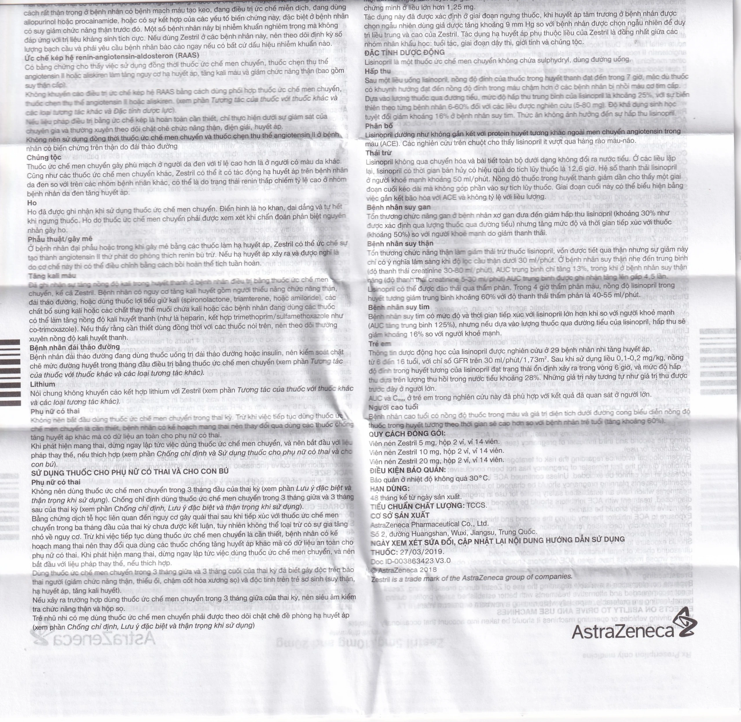 Thuốc Zestril 10mg AstraZeneca điều trị tăng huyết áp, suy tim (2 vỉ x 14 viên)