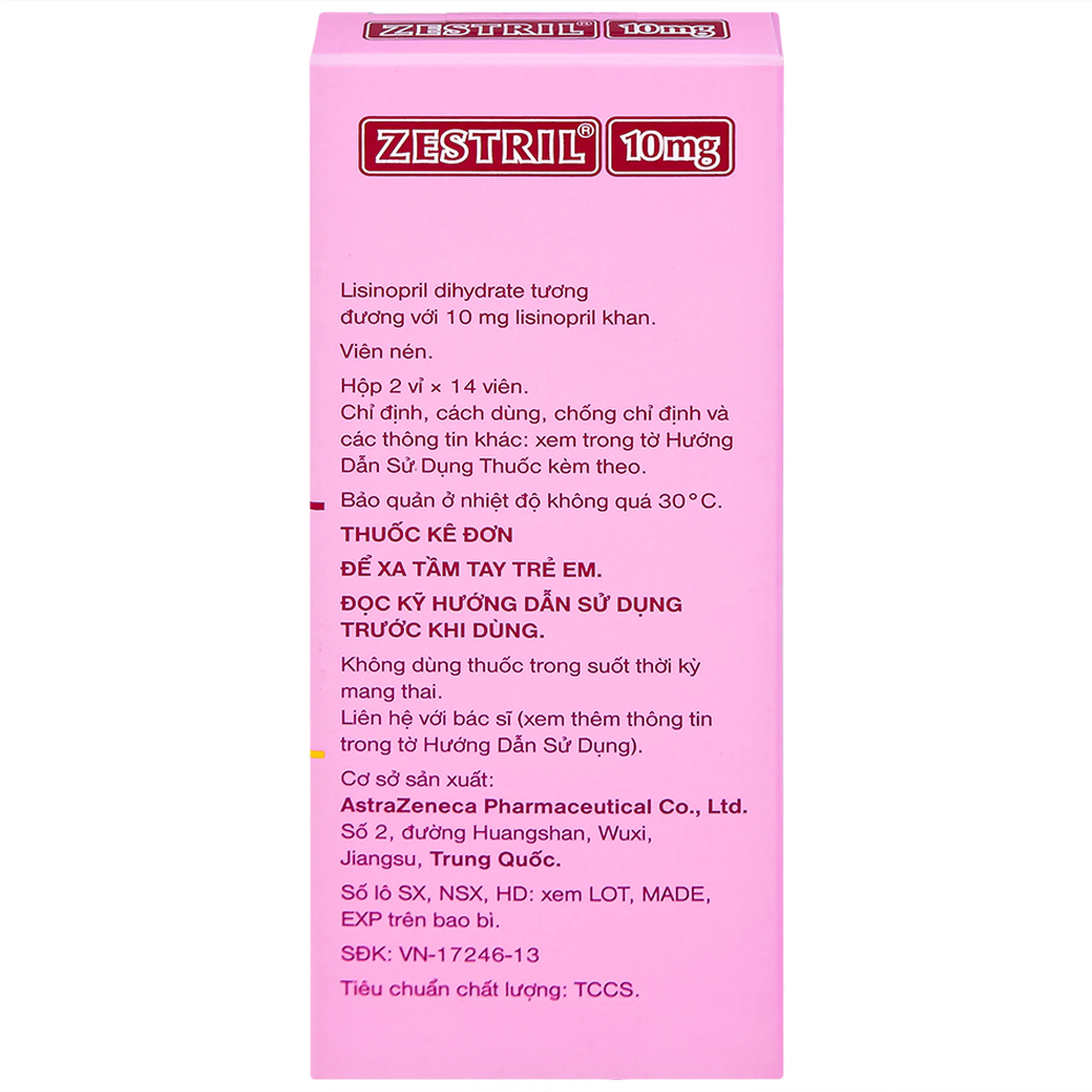 Thuốc Zestril 10mg AstraZeneca điều trị tăng huyết áp, suy tim (2 vỉ x 14 viên)