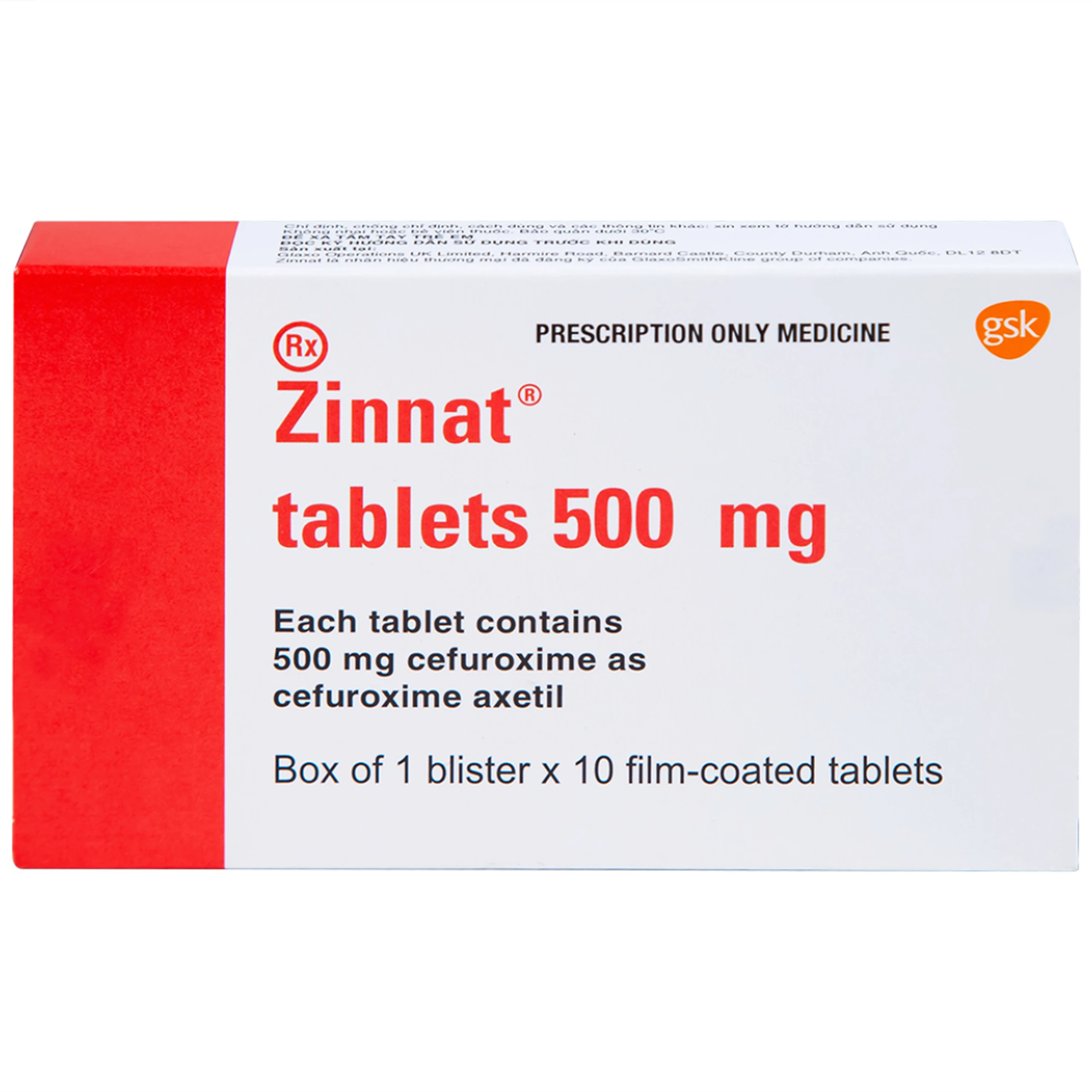 Thuốc Zinnat 500mg GSK điều trị các chứng nhiễm khuẩn, viêm tai giữa, viêm xoang (1 vỉ x 10 viên)