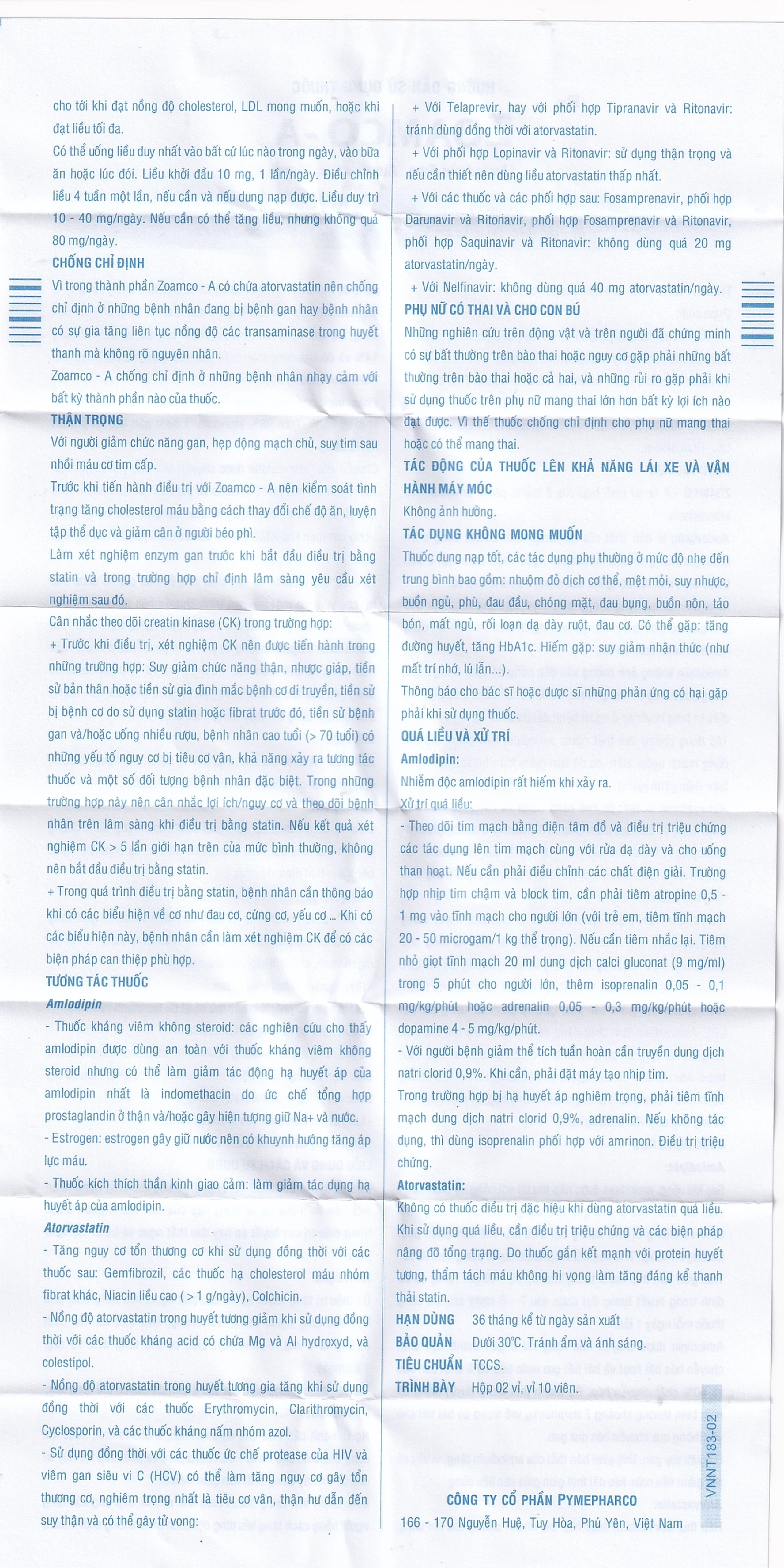 Thuốc Zoamco-A Pymepharco điều trị tăng huyết áp (2 vỉ x 10 viên)