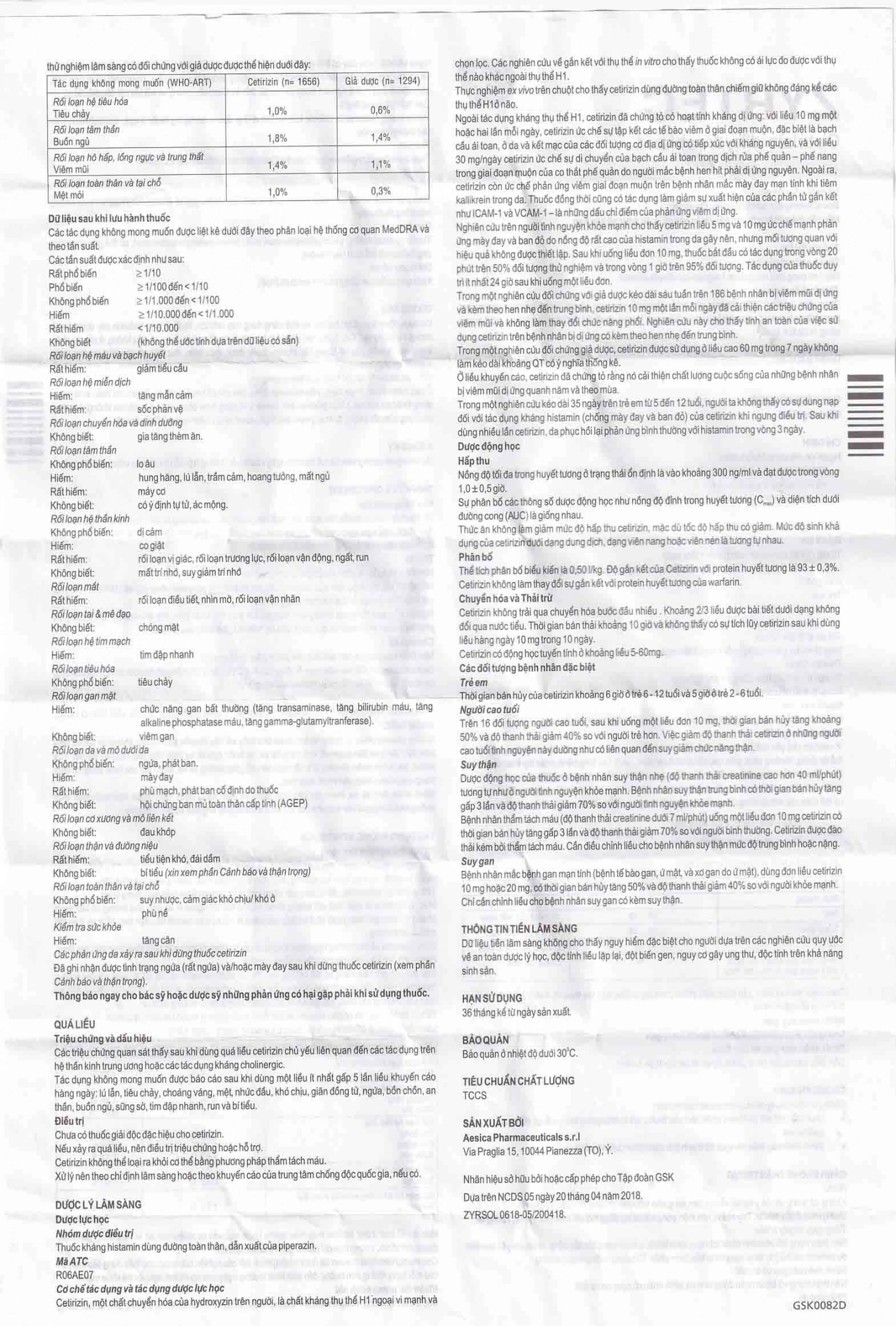 Dung dịch uống Zyrtec GSK giảm viêm mũi dị ứng, mày đay tự phát, mạn tính (60ml)