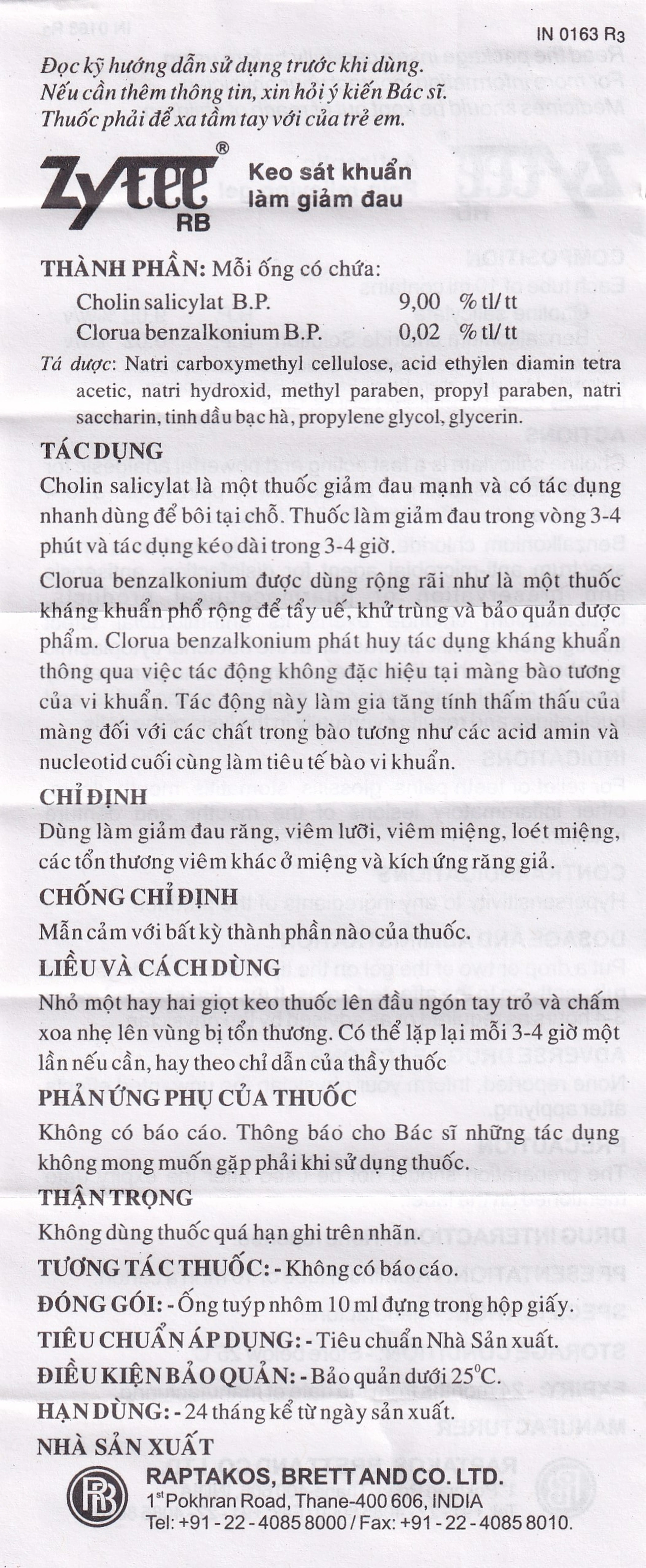 Gel Zytee RB Raptakos sát trùng giảm đau (10ml)
