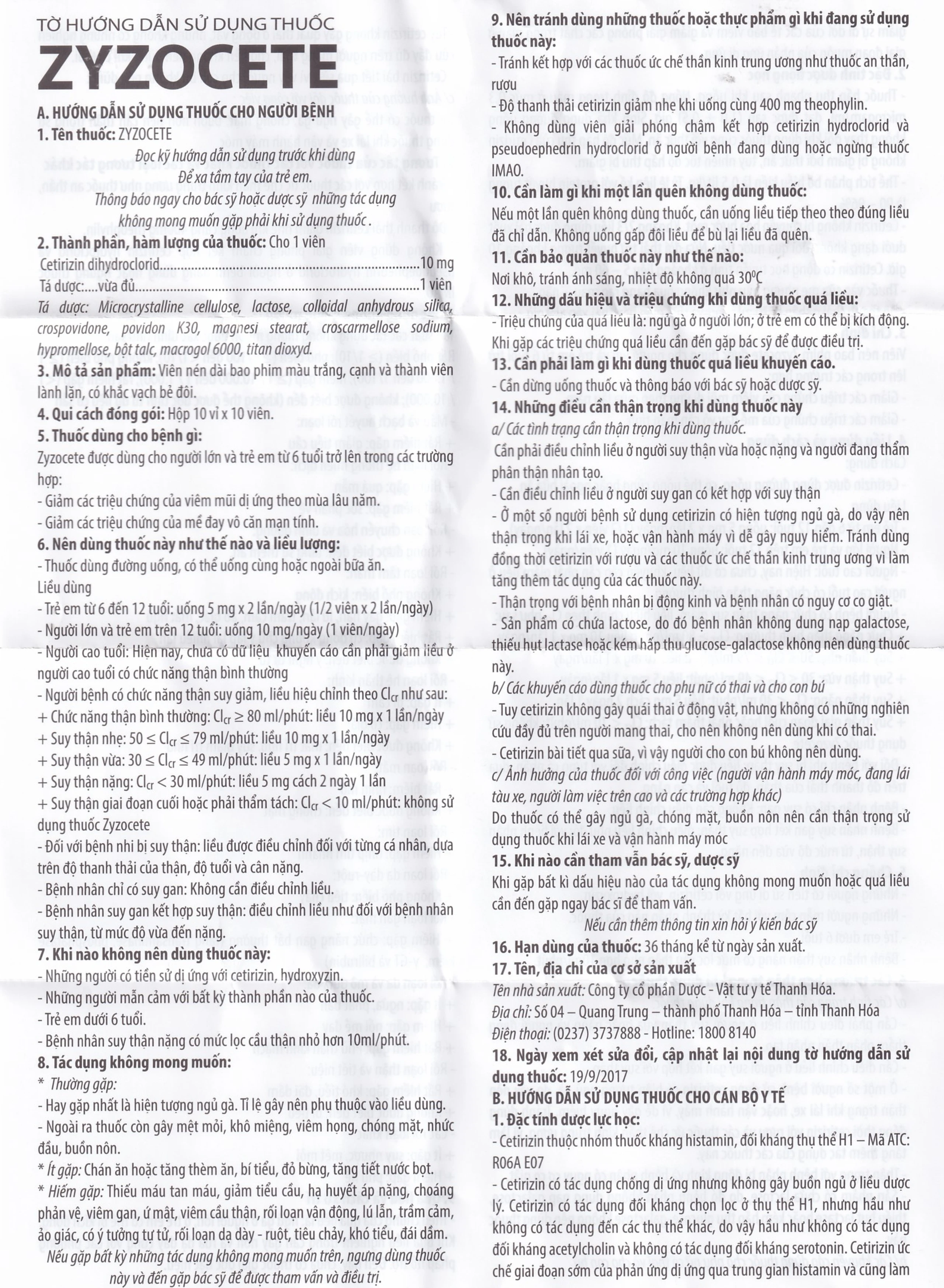 Thuốc Zyzocete Thephaco giảm triệu chứng viêm mũi dị ứng, mày đay (10 vỉ x 10 viên)