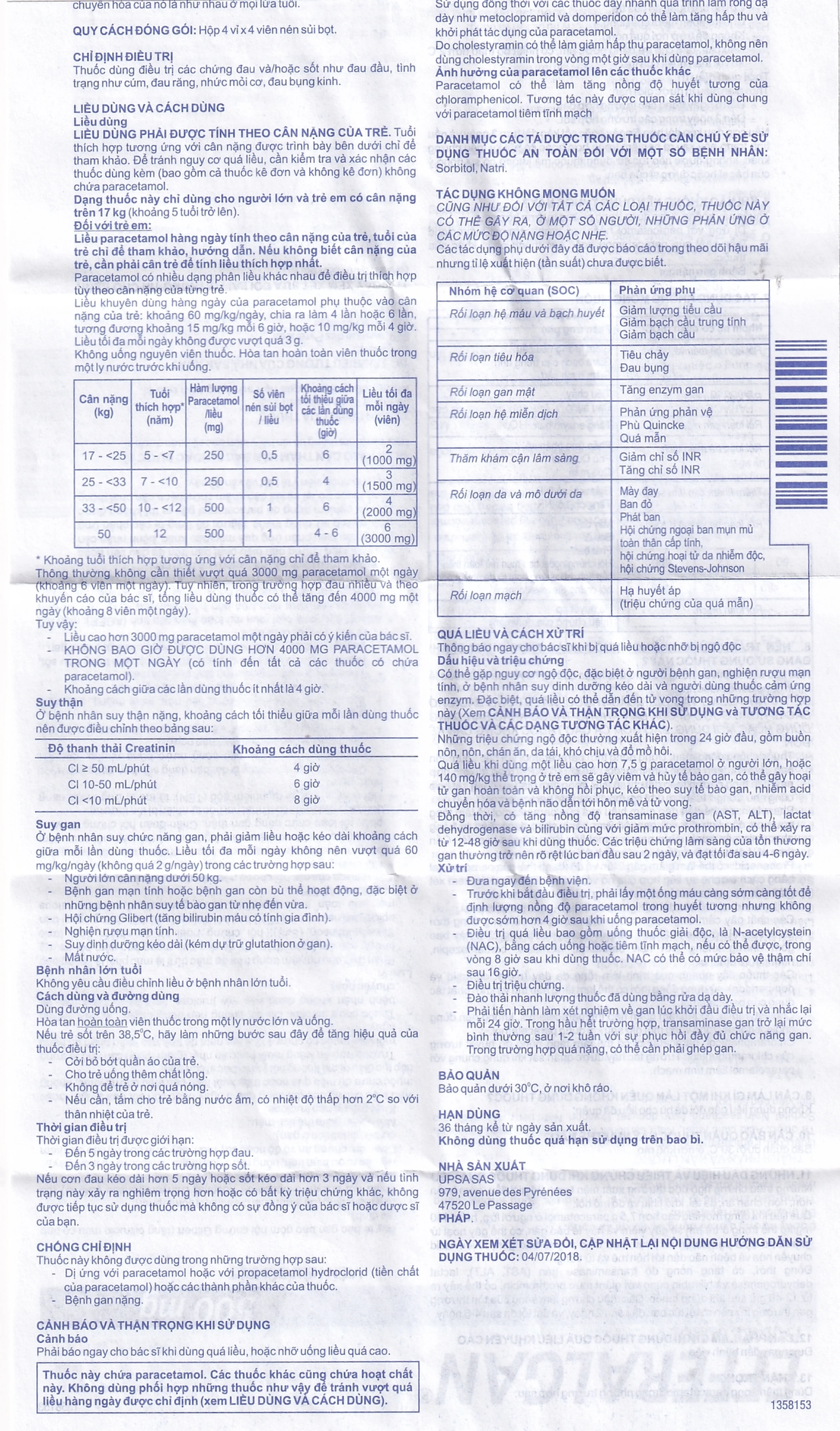 Viên sủi Efferalgan 500mg UPSA SAS giảm đau, hạ sốt (4 vỉ x 4 viên)