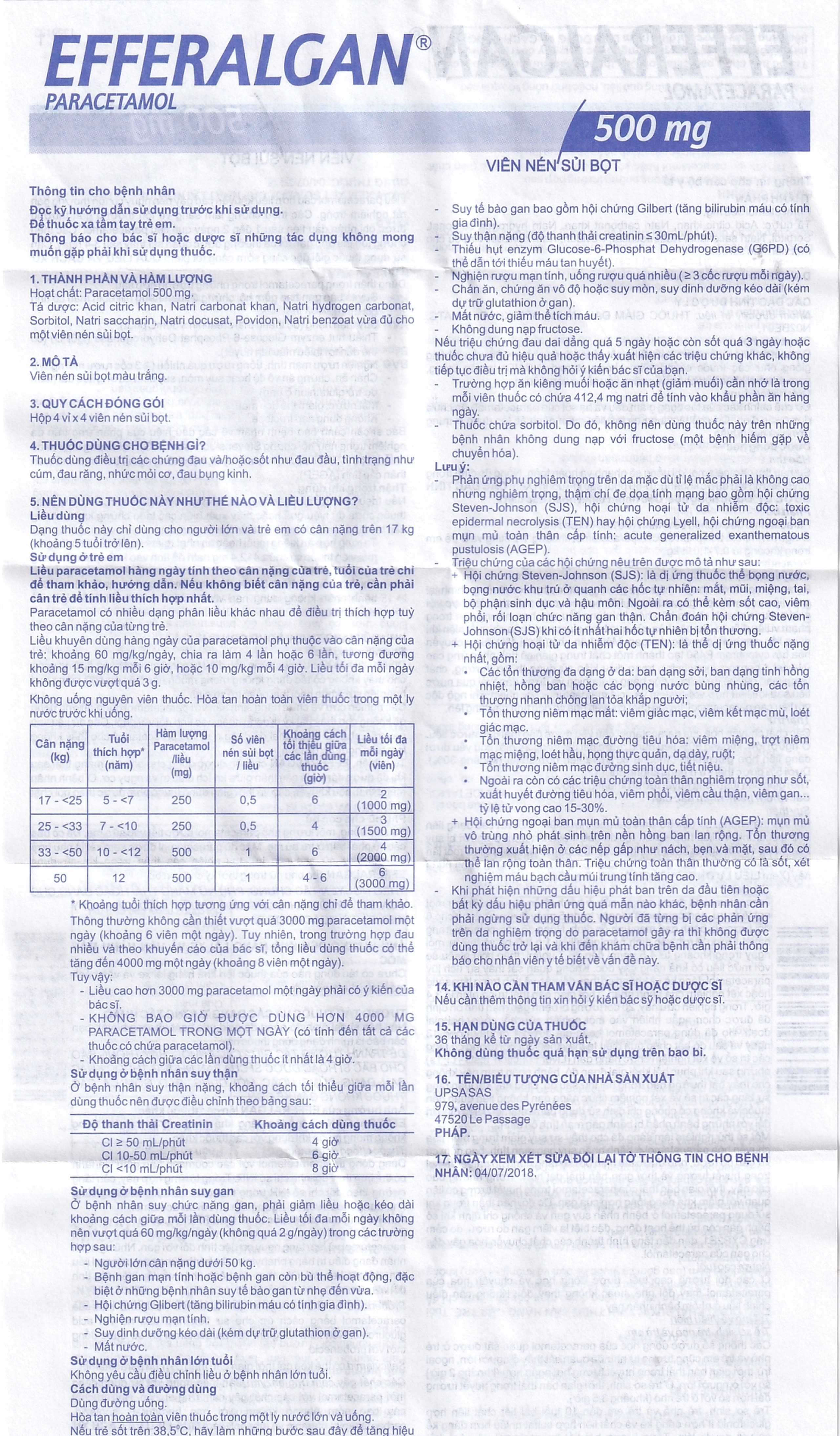 Viên sủi Efferalgan 500mg UPSA SAS giảm đau, hạ sốt (4 vỉ x 4 viên)