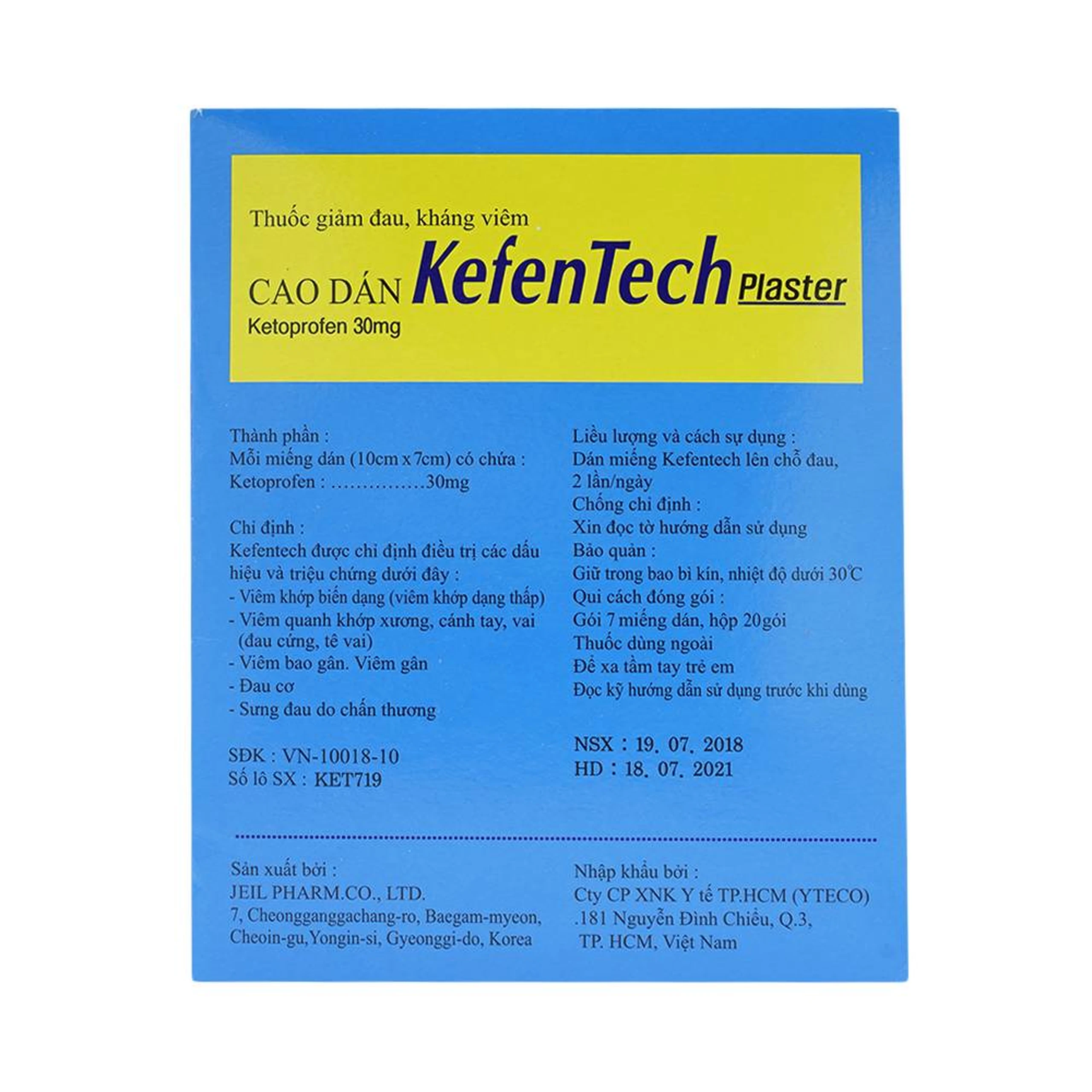 Cao dán KefenTech Plaster Jeil kháng viêm, giảm đau viêm khớp, viêm bao gân, đau cơ (20 gói)