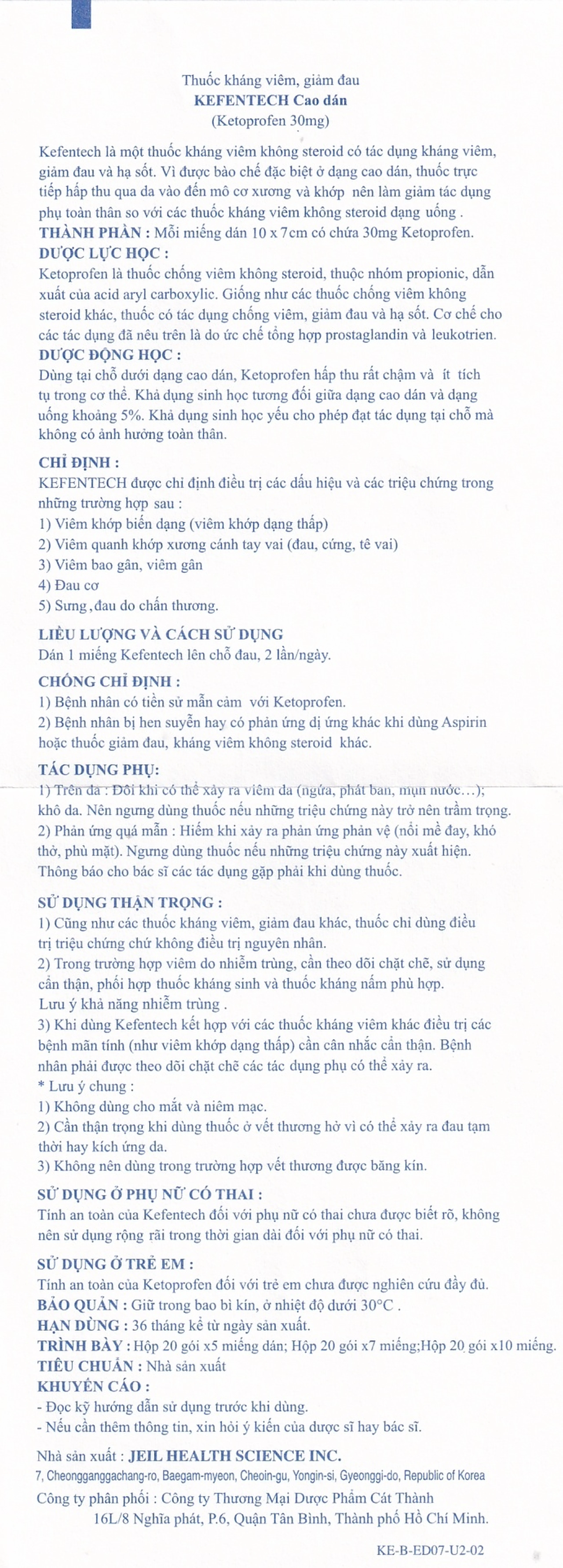 Cao dán KefenTech Plaster Jeil kháng viêm, giảm đau viêm khớp, viêm bao gân, đau cơ (20 gói)