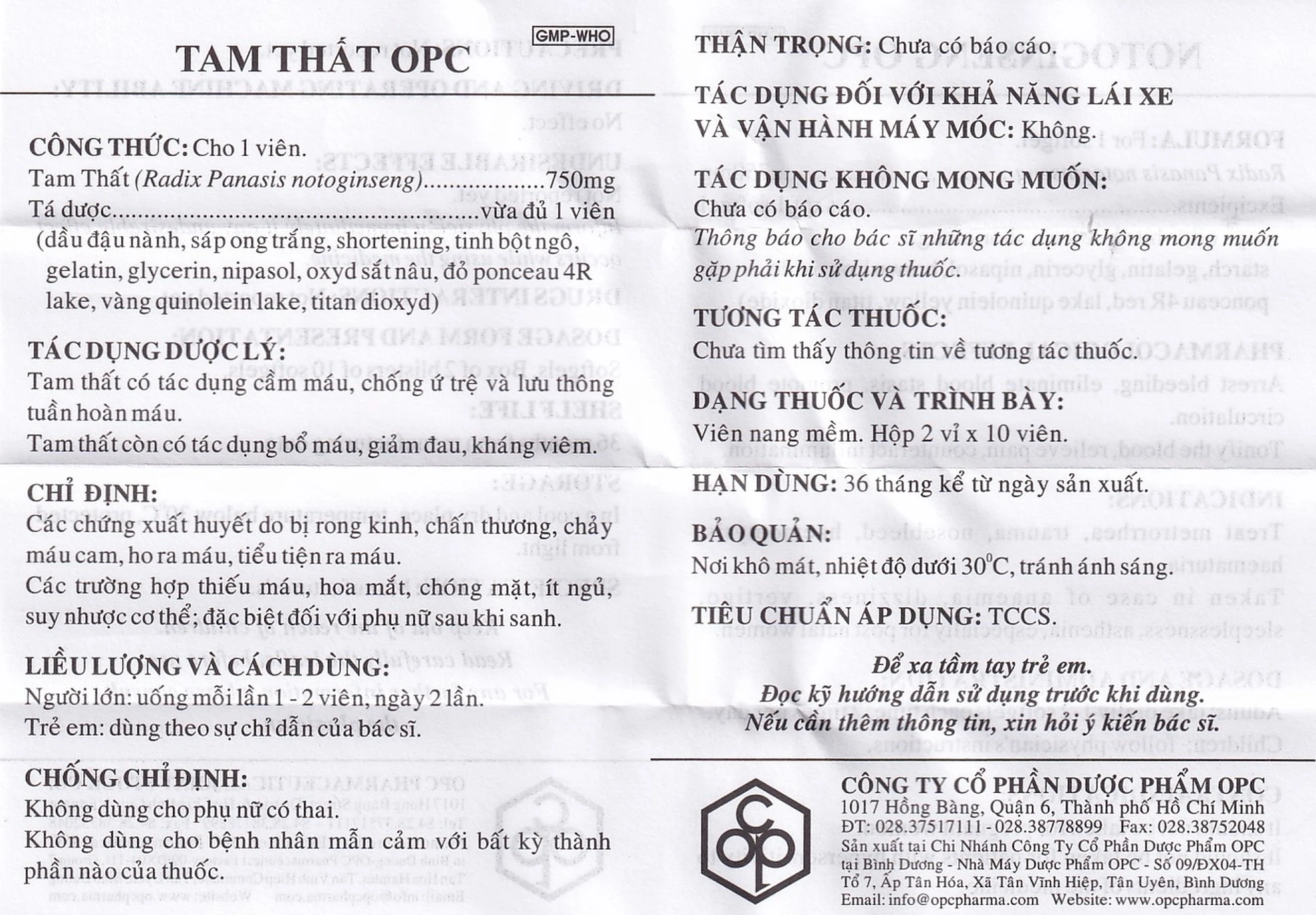 Thuốc Tam Thất OPC điều trị các chứng xuất huyết (2 vỉ x 10 viên)