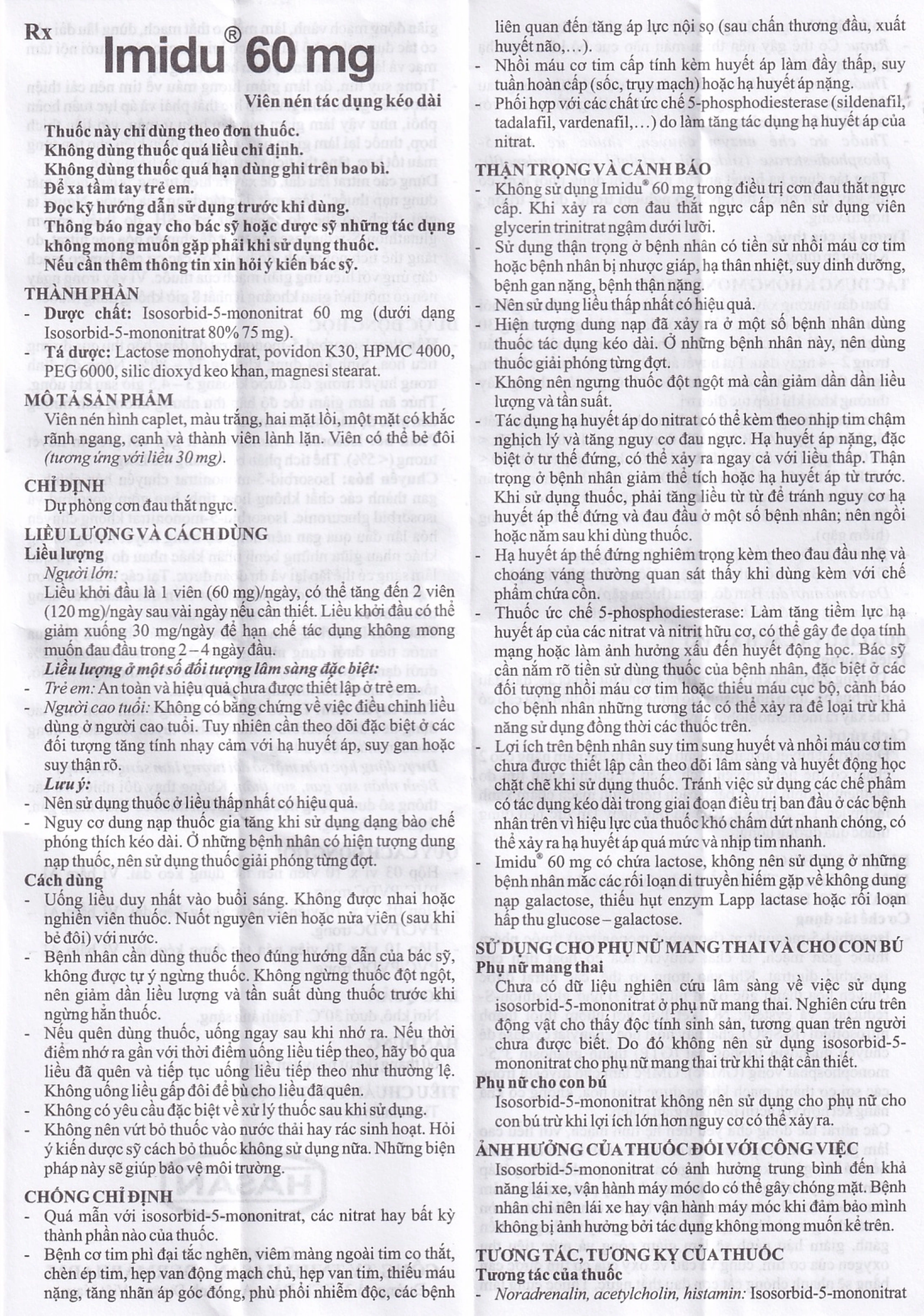Thuốc Imidu 60mg Hasan điều trị dự phòng cơn đau thắt ngực (3 vỉ x 10 viên)