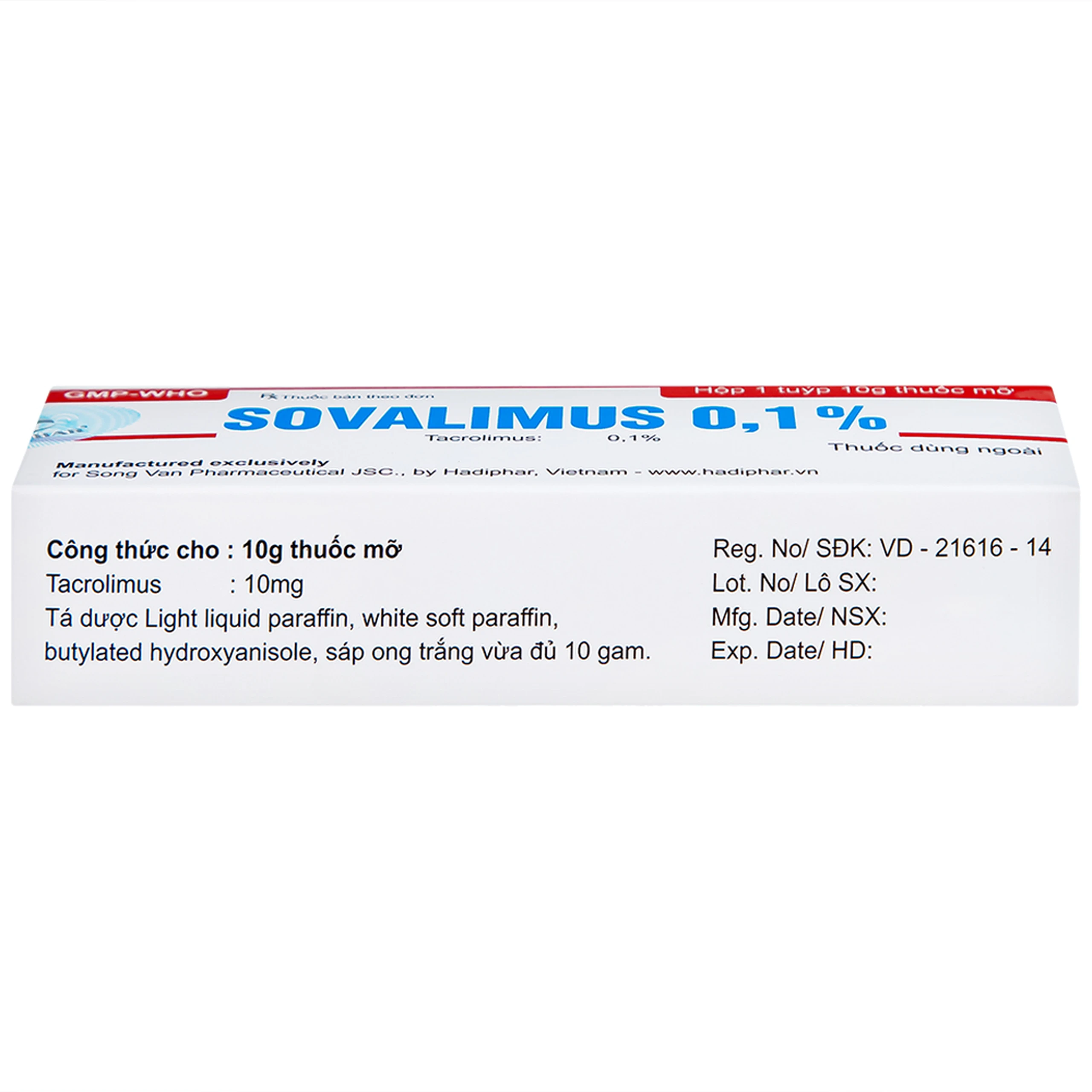 Thuốc mỡ Sovalimus 0.1% Hadiphar  điều trị chàm cơ địa (10g)