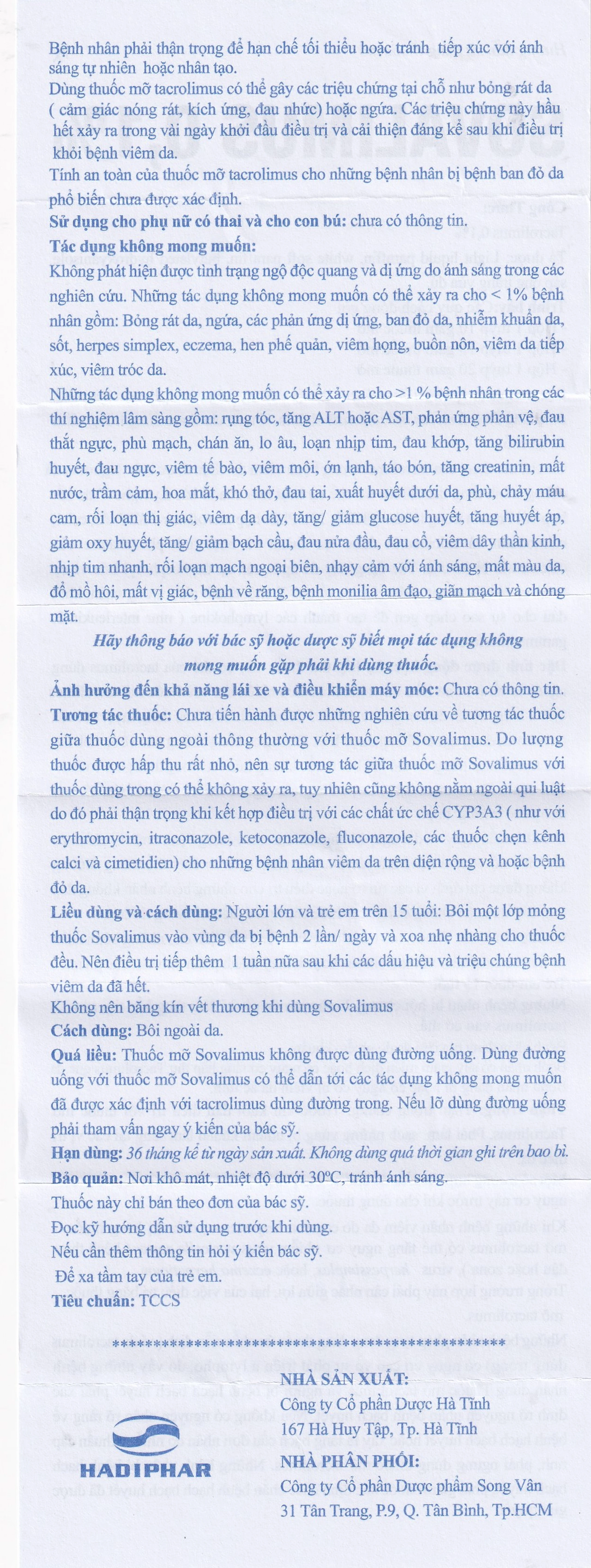 Thuốc mỡ Sovalimus 0.1% Hadiphar  điều trị chàm cơ địa (10g)