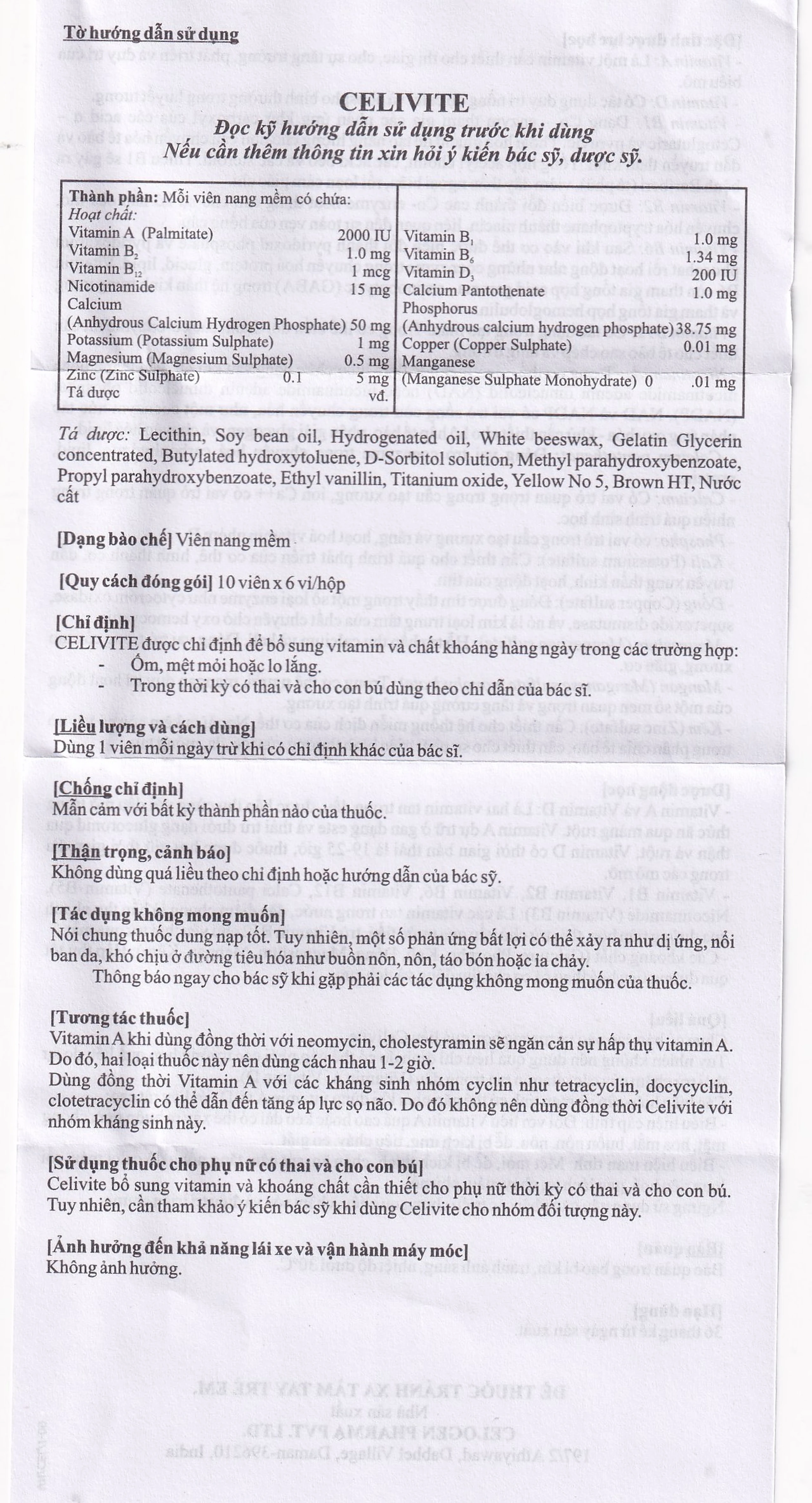 Thuốc Celivite Celogen Pharma bổ sung vitamin và khoáng chất (6 vỉ x 10 viên)