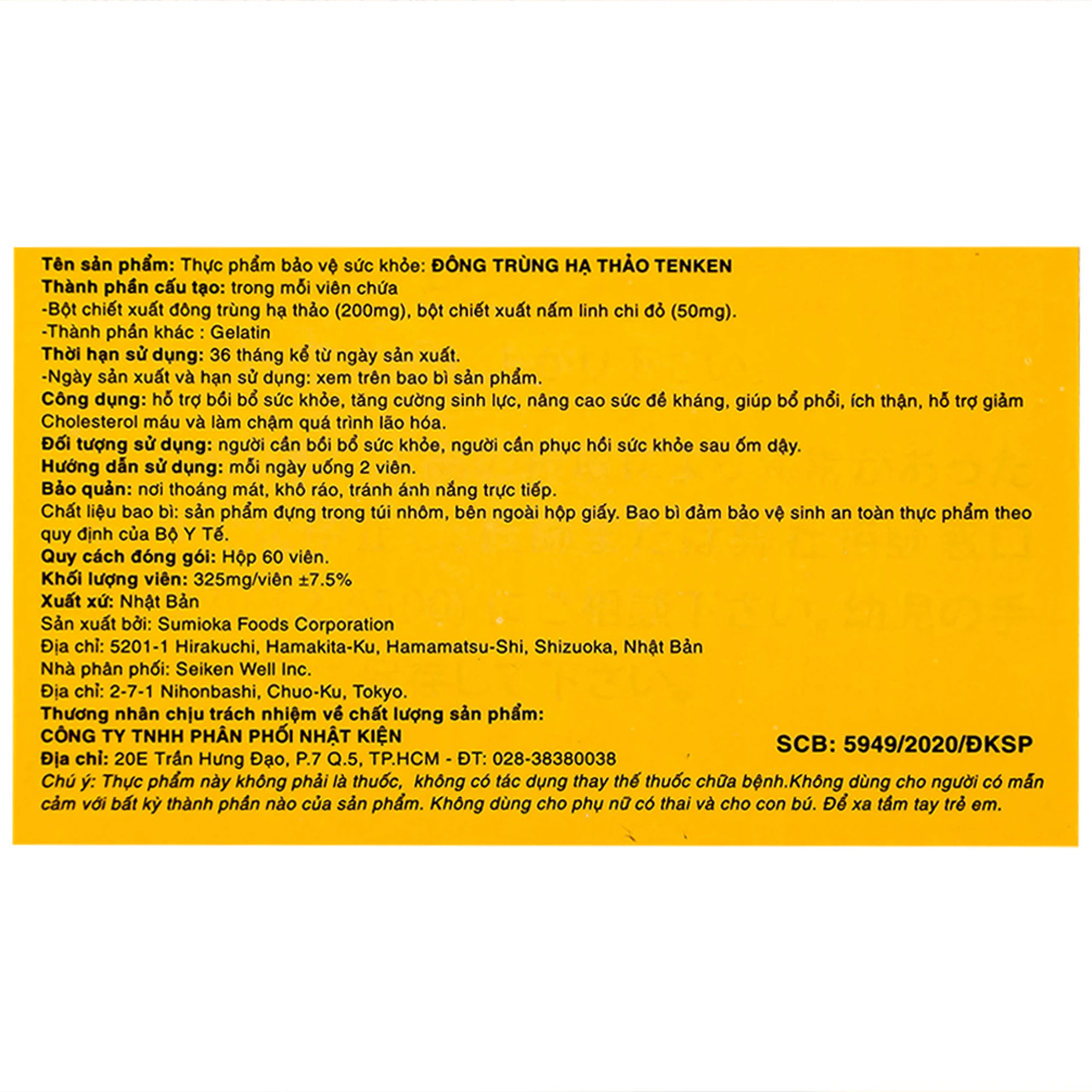 Viên hỗ trợ bồi bổ sức khỏe Đông Trùng Hạ Thảo Tenken (60 viên)