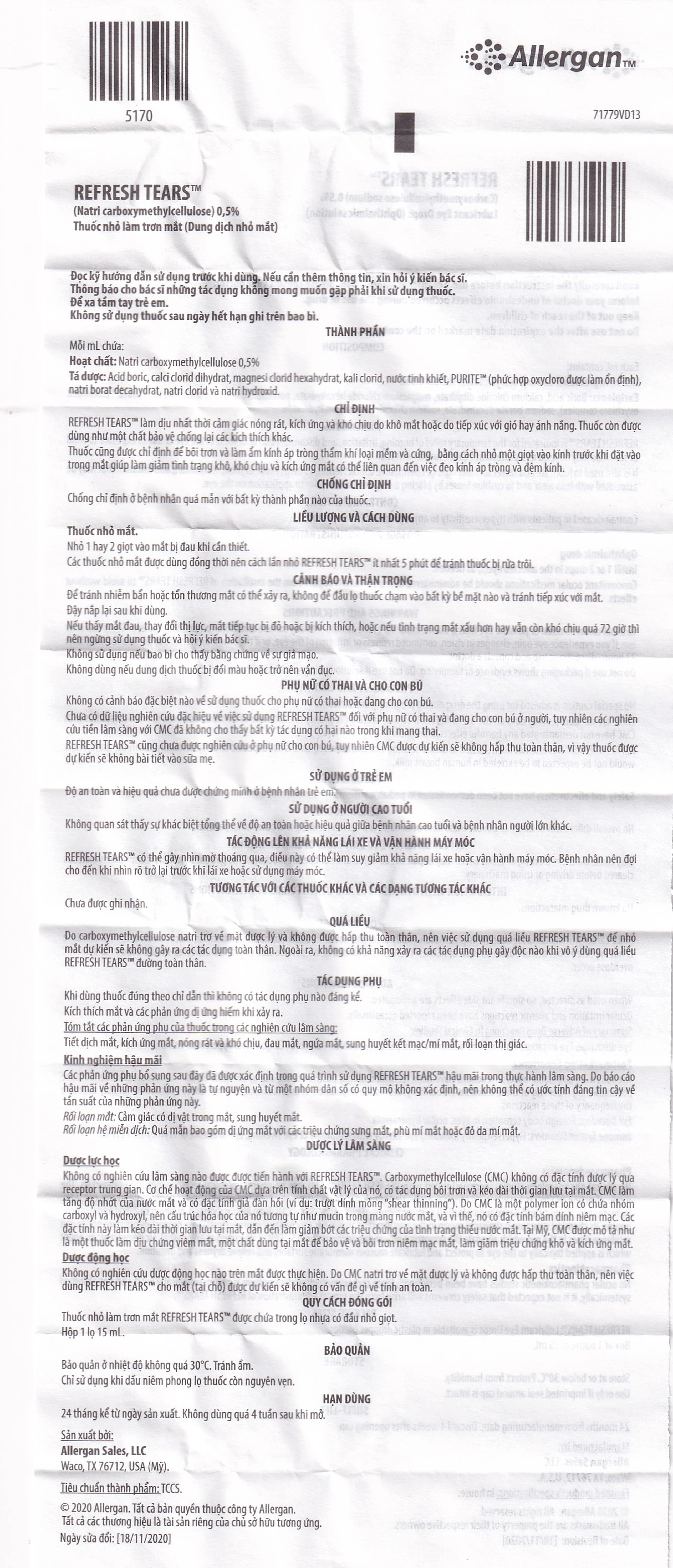 Thuốc nhỏ mắt Refresh Tears Allergan giảm khô mắt, mắt đỏ (15ml)