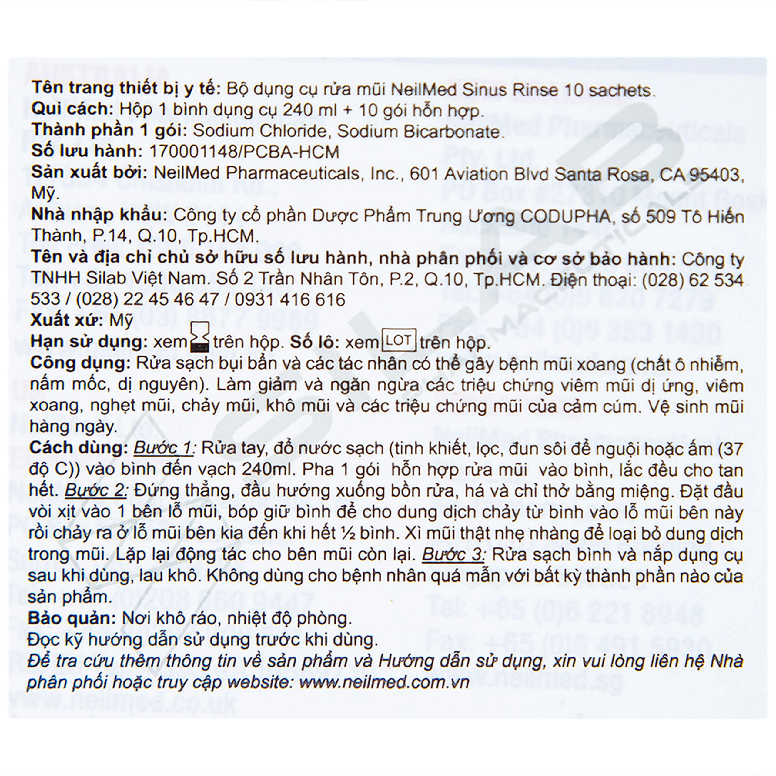 Bộ rửa mũi Neilmed Sinus Rinse (1 bình + 10 gói) làm sạch và ngăn ngừa viêm xoang, viêm mũi dị ứng