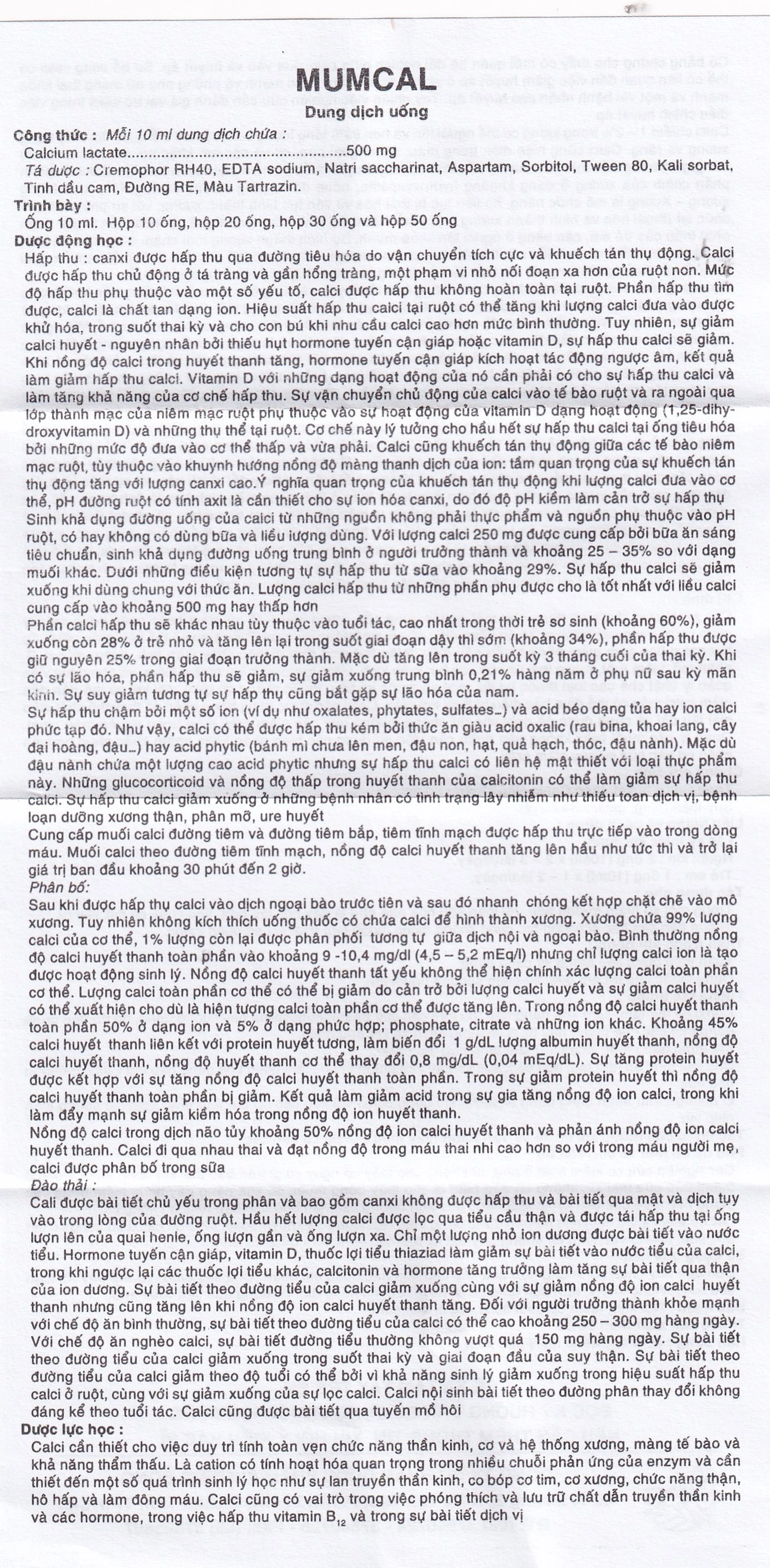 Dung dịch uống Mumcal 500mg Phương Đông bổ sung Canxi cho phụ nữ mang thai (20 ống x 10ml)