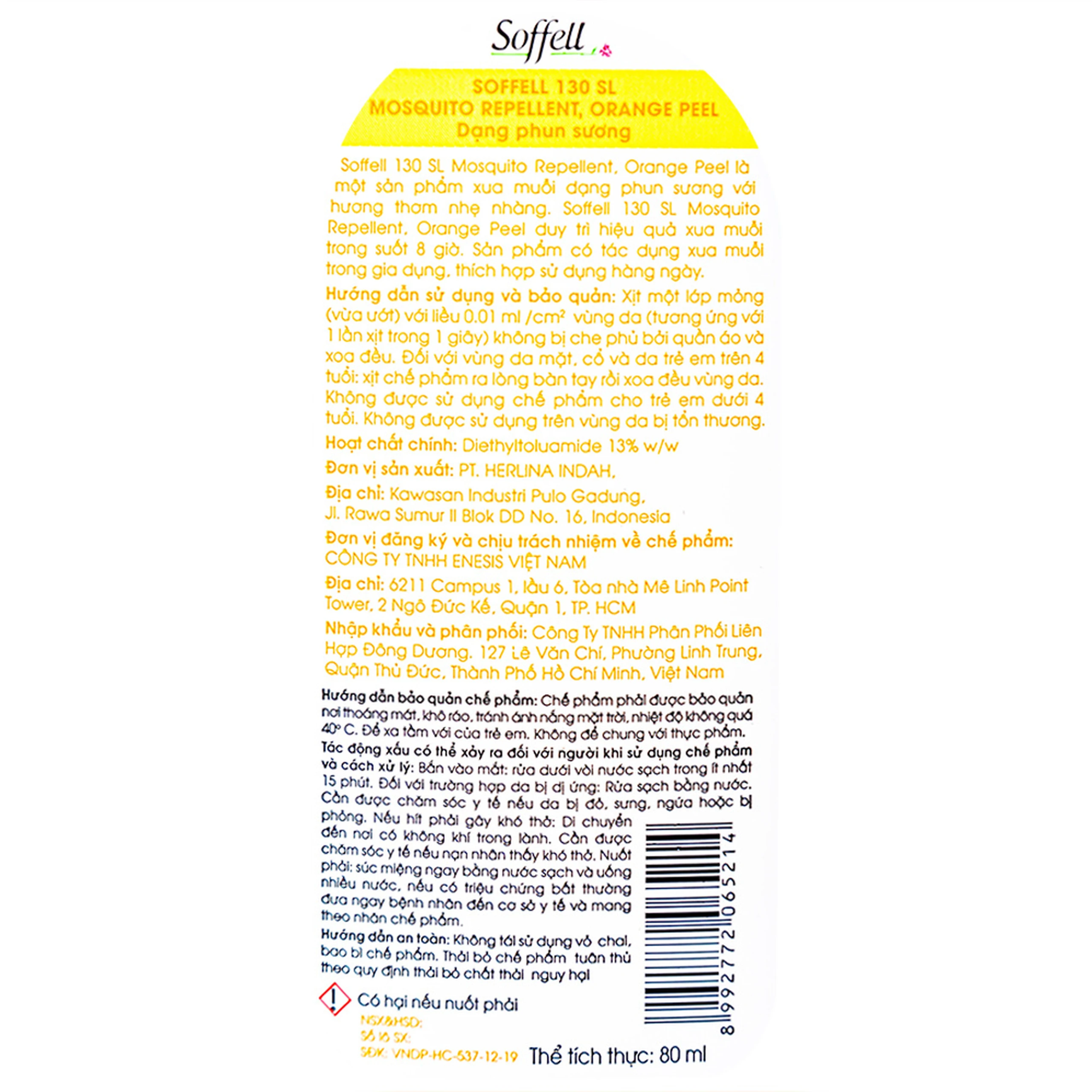 Xịt xua muỗi Soffell hương cam giúp chống muỗi trong suốt 8 giờ (80ml)