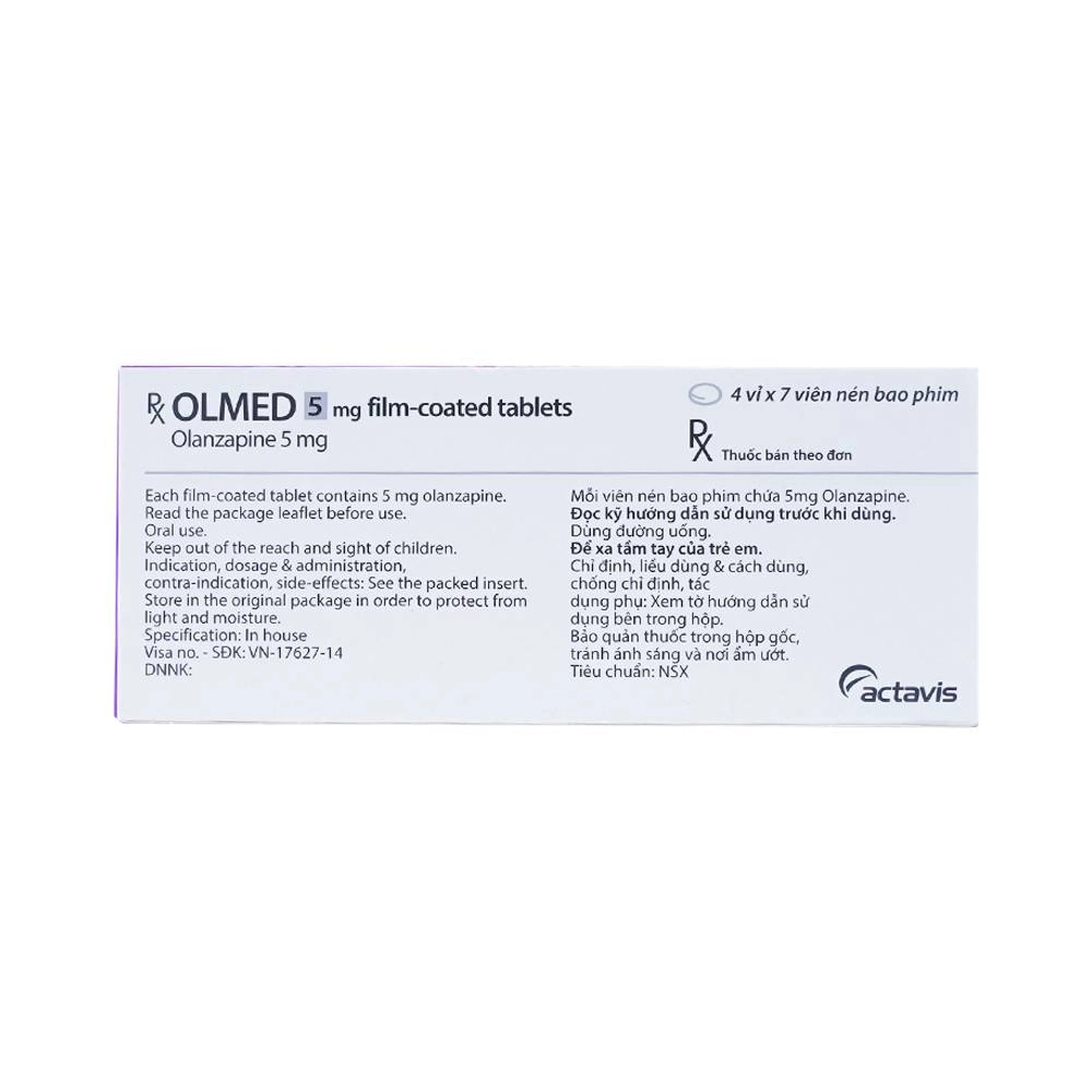 Viên nén Olmed 5mg Actavis điều trị bệnh tâm thần phân liệt (4 vỉ x 7 viên)
