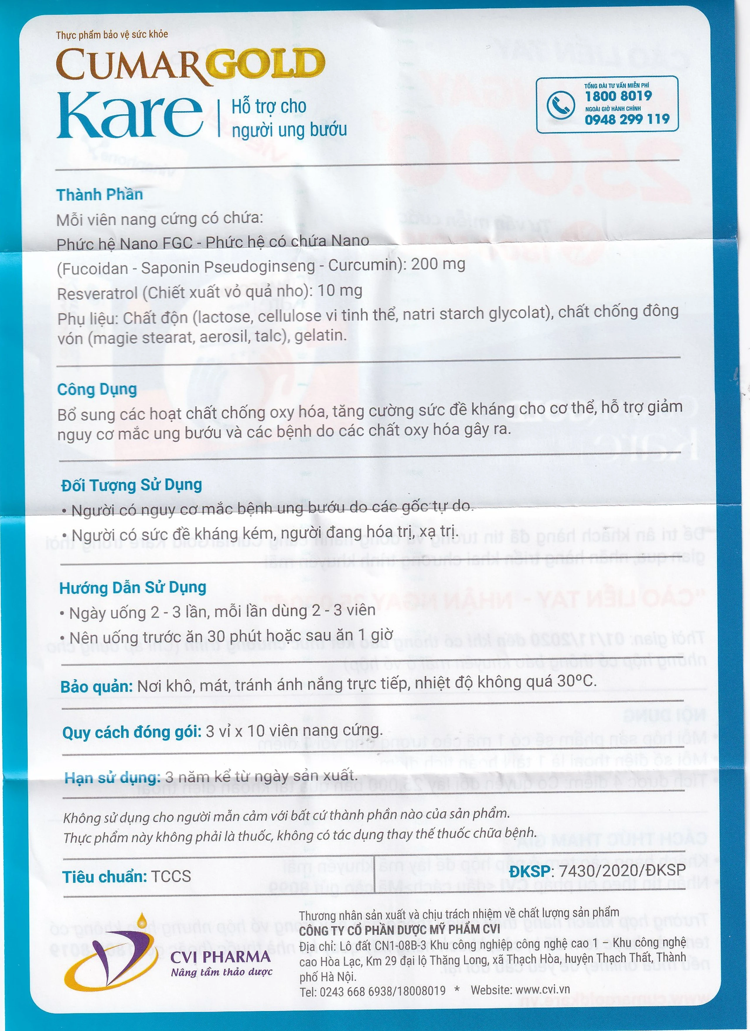 Viên hỗ trợ giảm nguy cơ mắc ung bướu CumarGold Kare CVI (3 vỉ x 10 viên)