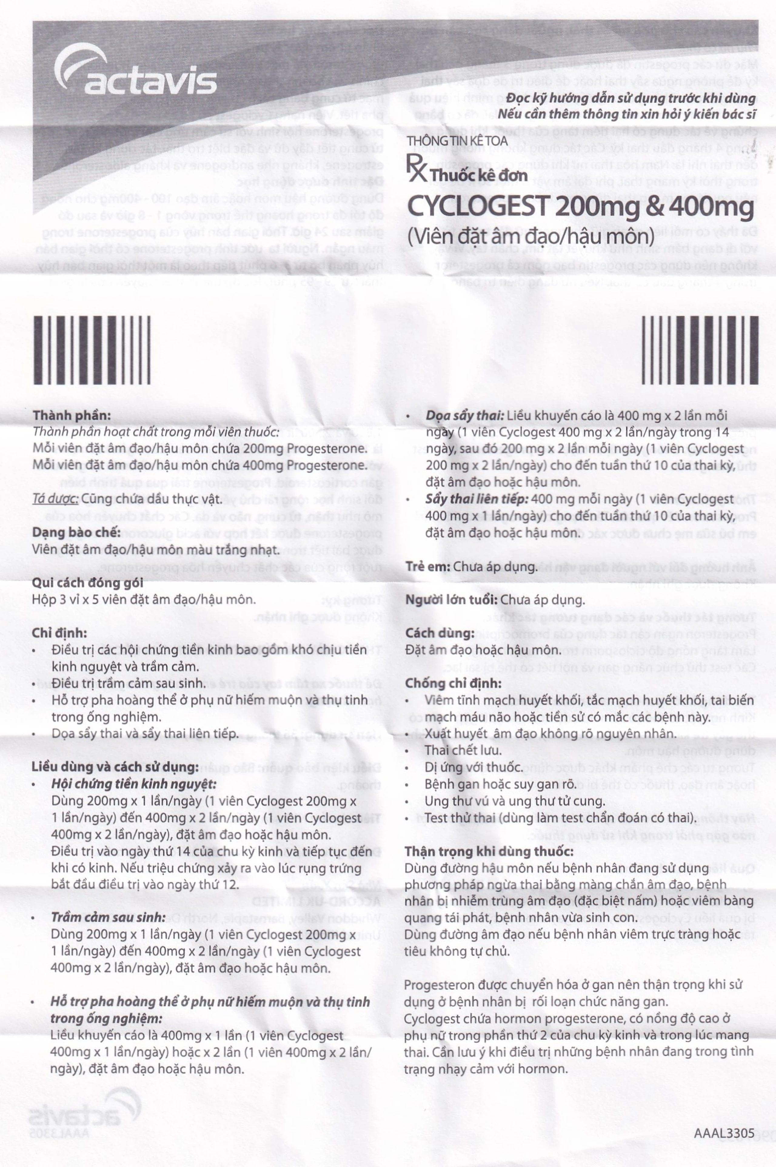 Viên đặt Cyclogest 400mg Actavis điều trị các hội chứng tiền kinh, trầm cảm (3 vỉ x 5 viên)