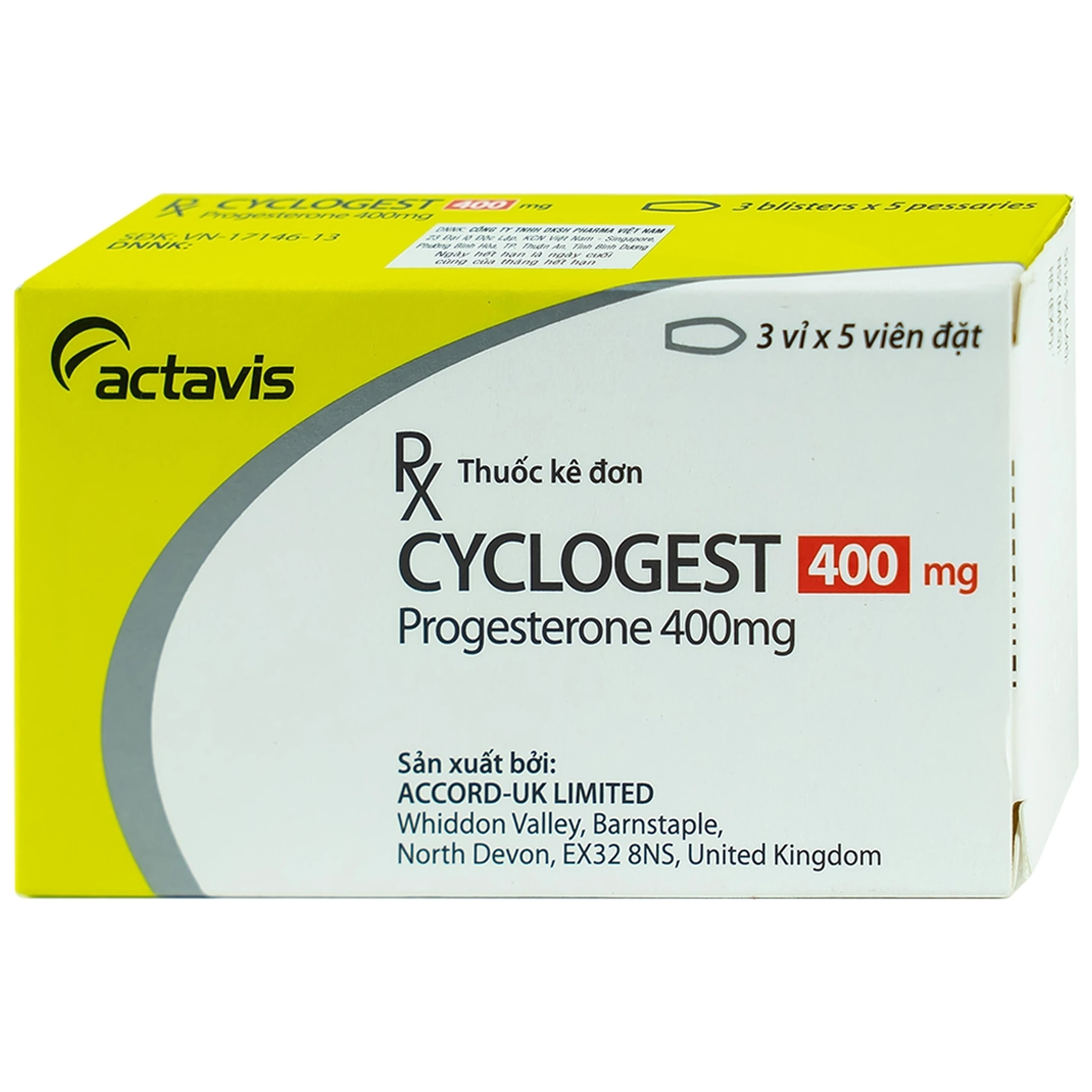 Viên đặt Cyclogest 400mg Actavis điều trị các hội chứng tiền kinh, trầm cảm (3 vỉ x 5 viên)