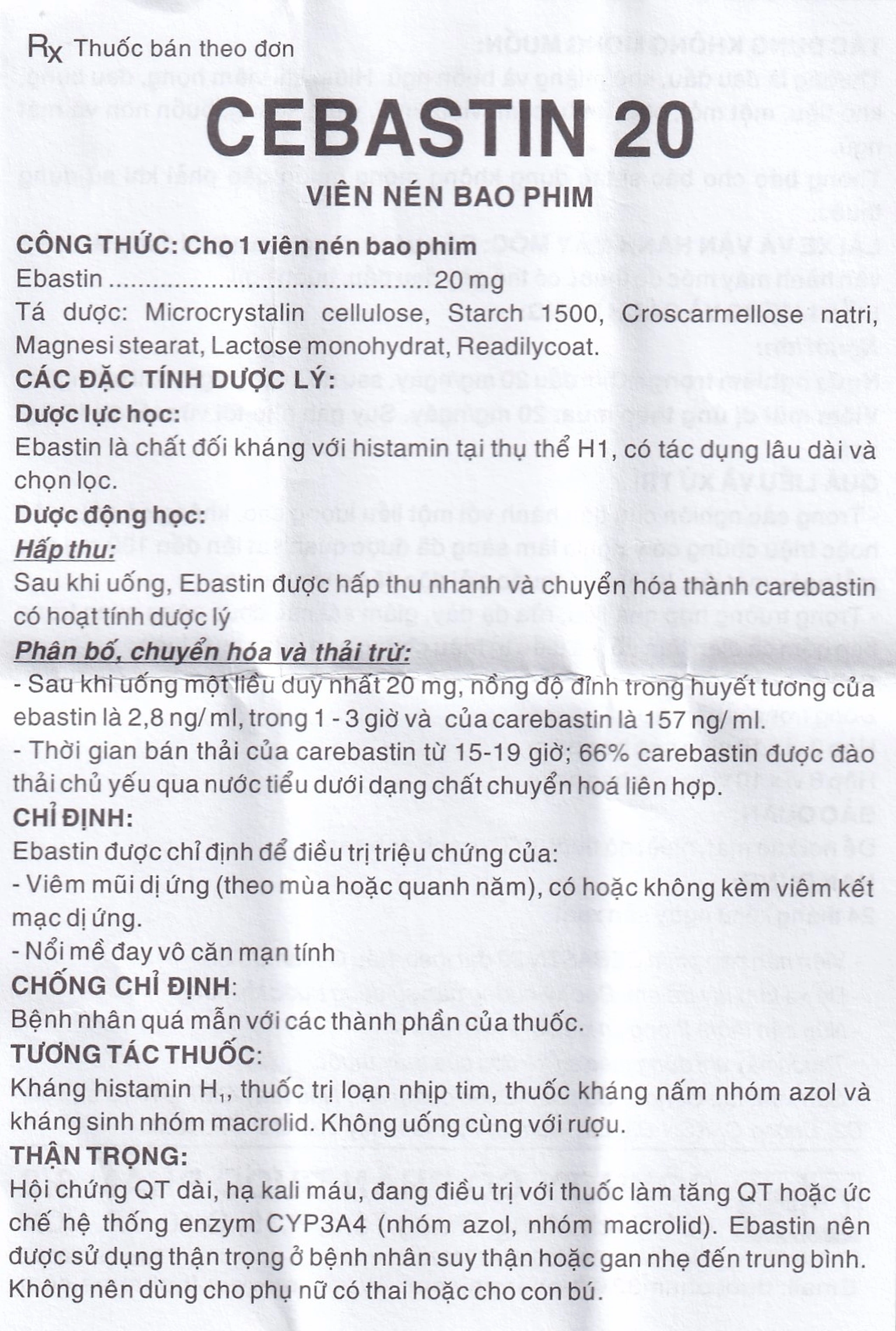 Thuốc Cebastin20 Dược 3-2 điều trị viêm mũi dị ứng, mày đay (3 vỉ x 10 viên) 