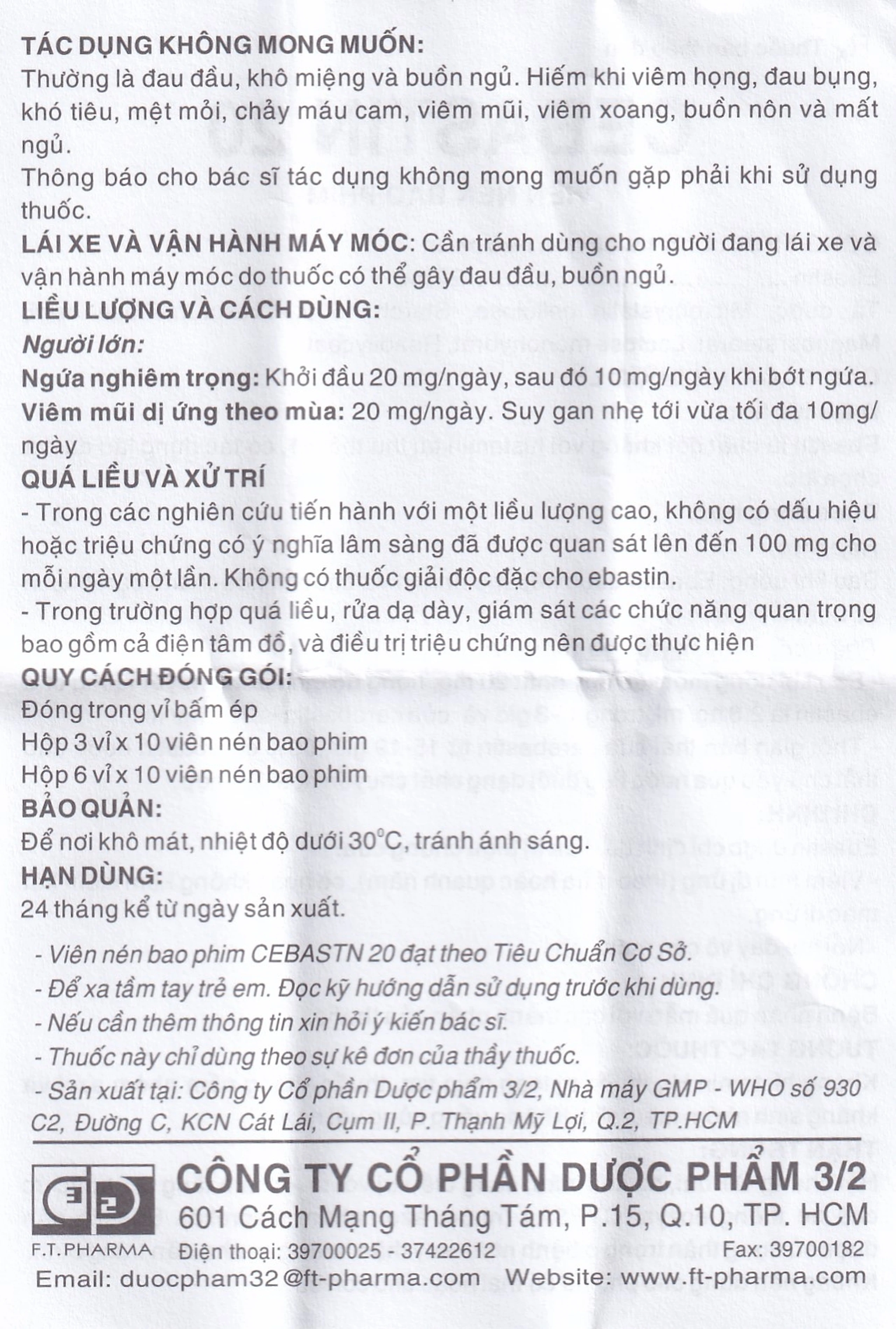 Thuốc Cebastin20 Dược 3-2 điều trị viêm mũi dị ứng, mày đay (3 vỉ x 10 viên) 